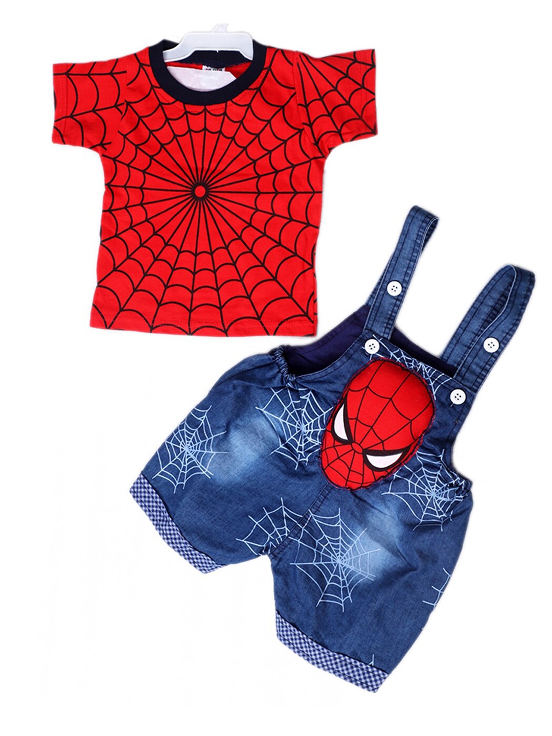 

BAESD Kids Spider Man Printed Denim Pure Cotton Dungaree With T-Shirt, Red