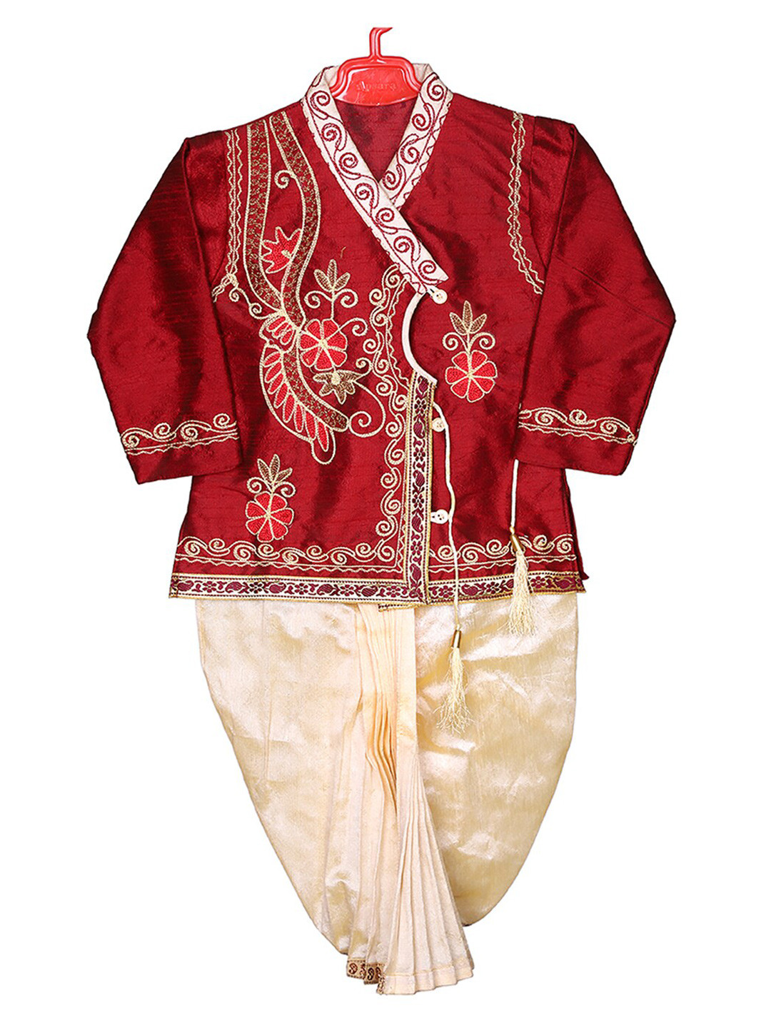 

BAESD Boys Ethnic Motifs Embroidered Thread Work Kurta With Dhoti Pants, Red