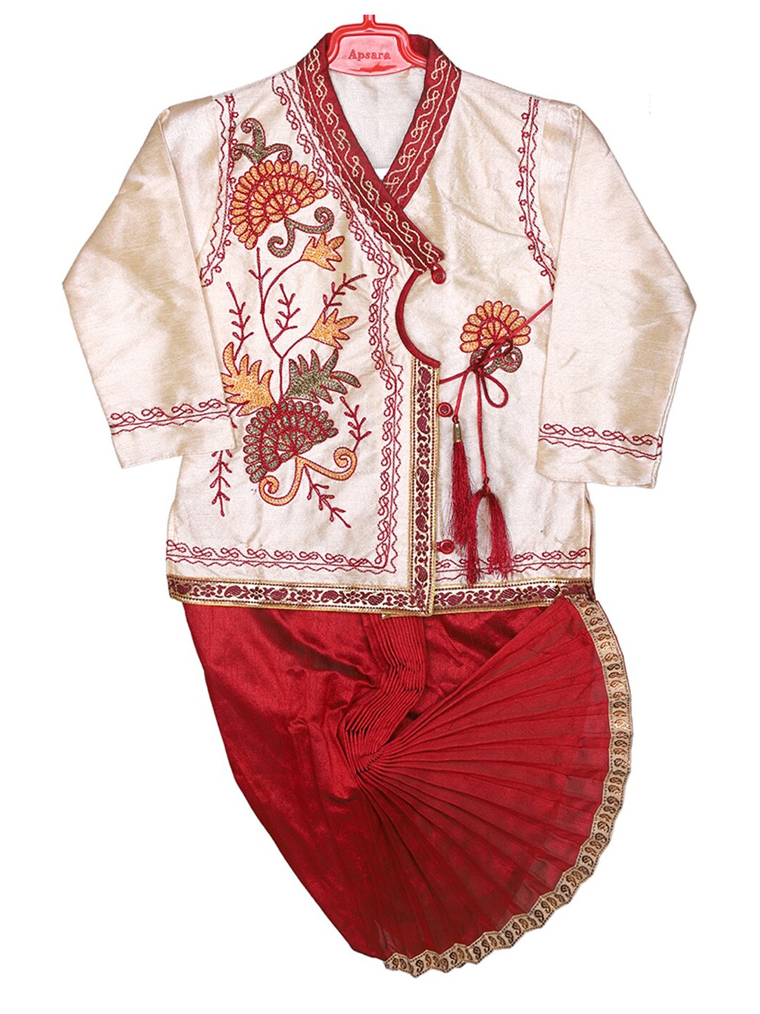 

BAESD Boys Ethnic Motifs Embroidered Thread Work Kurta With Dhoti Pants, Cream