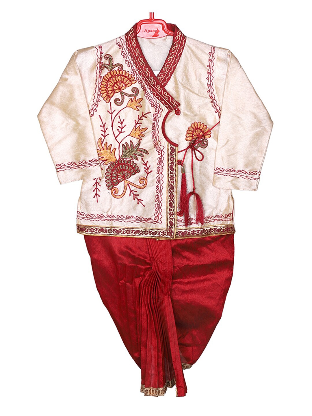 

BAESD Boys Ethnic Motifs Embroidered Thread Work Kurta With Dhoti Pants, Cream