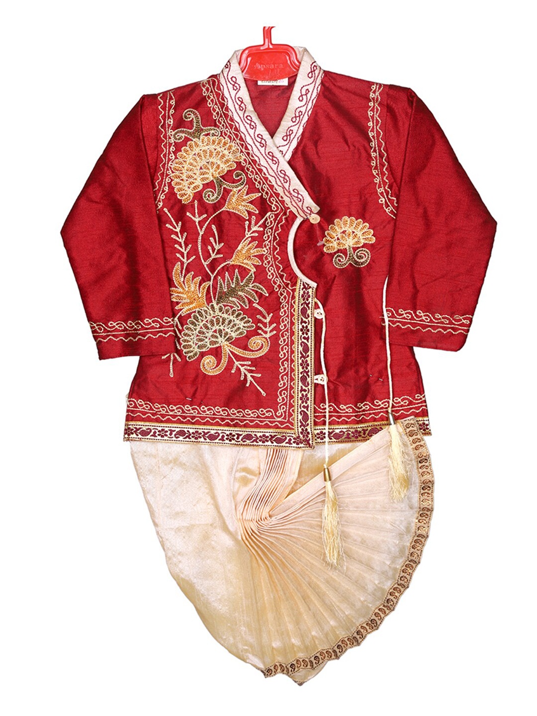 

BAESD Boys Ethnic Motifs Embroidered Thread Work Kurta With Dhoti Pants, Red