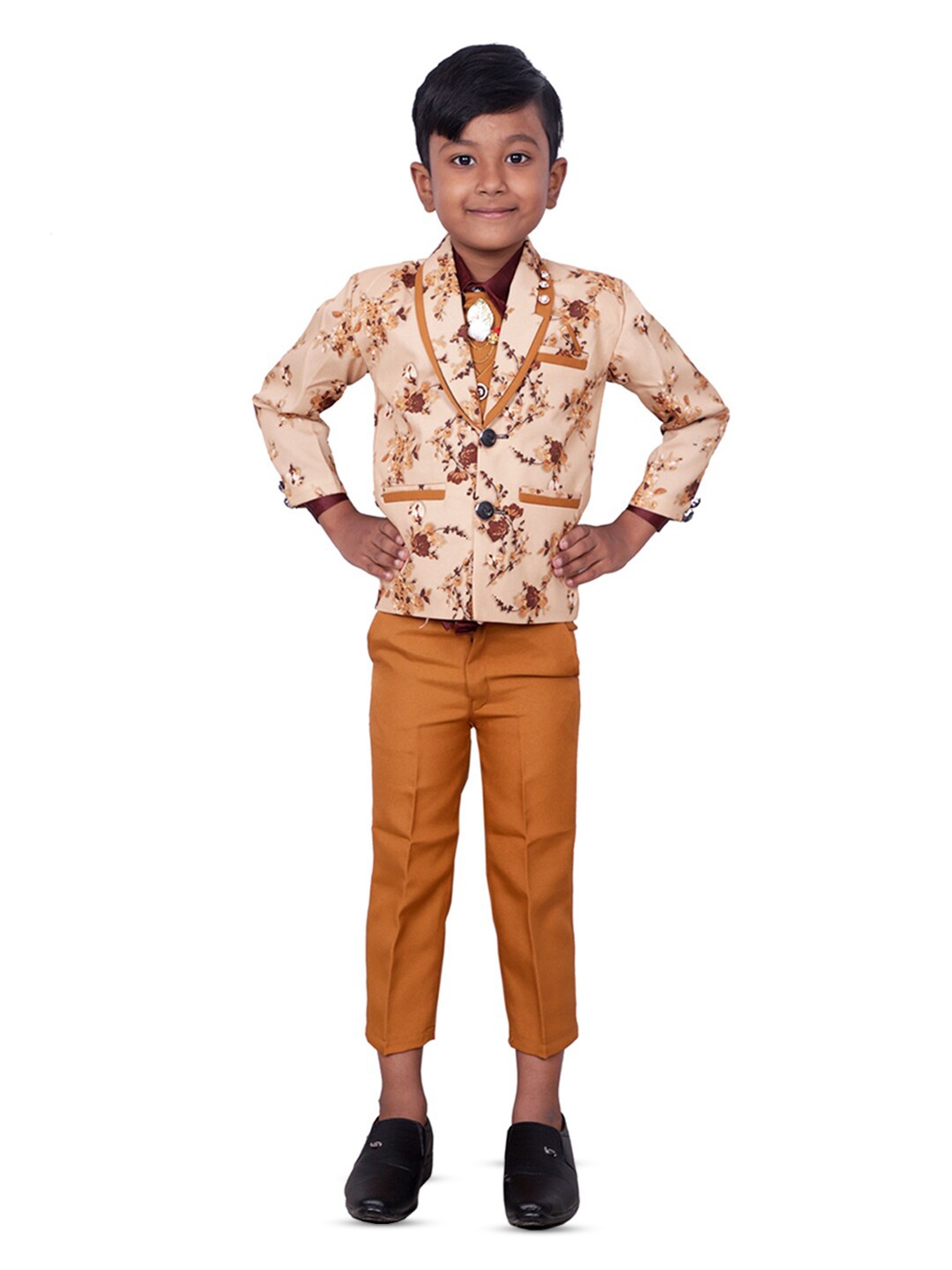 

BAESD Boys 4 Piece Floral Printed Single-Breasted Suit, Beige