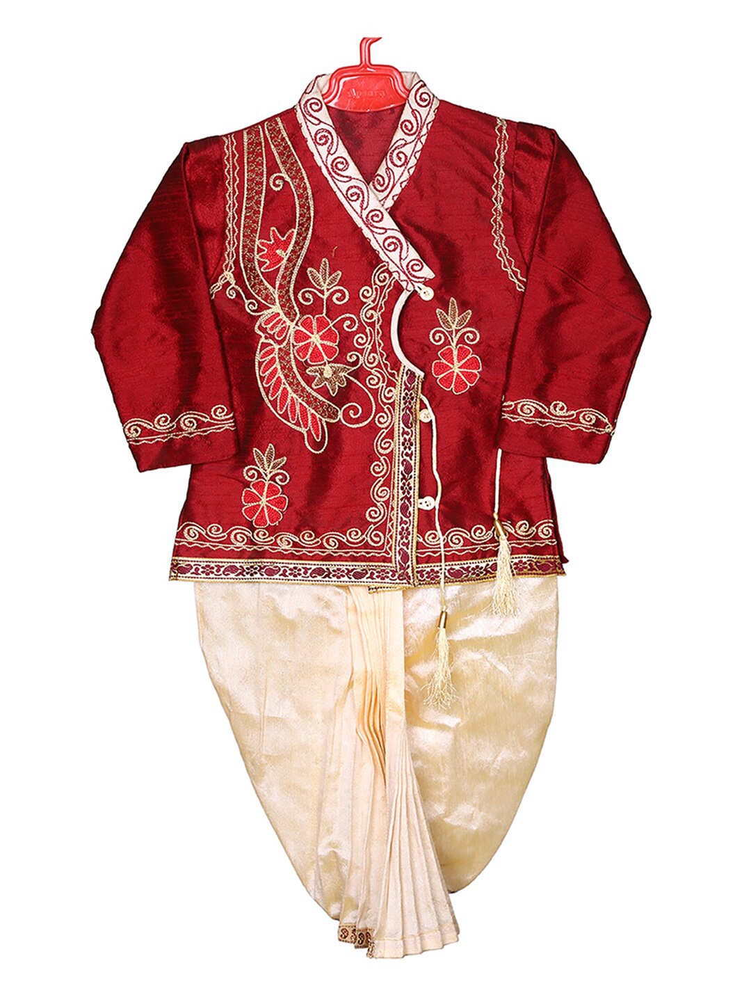 

BAESD Boys Floral Embroidered Kurta With Dhoti Pants, Red