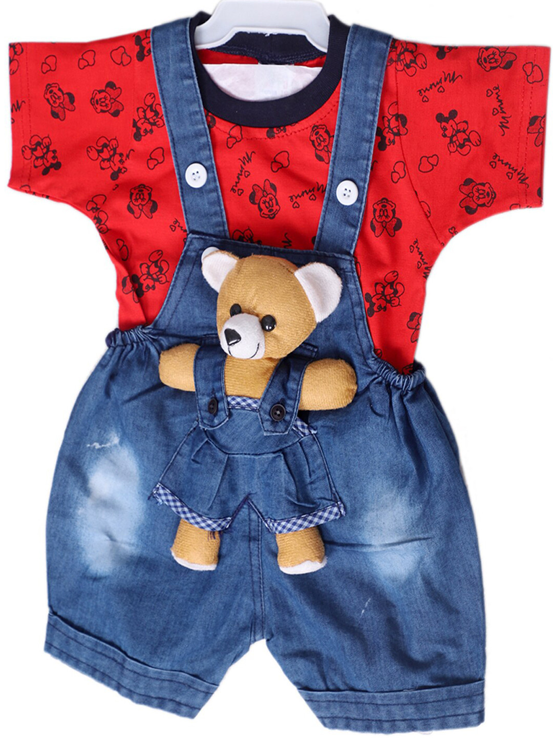 

BAESD Kids Printed Denim Pure Cotton T-shirt with Minnie Mouse Printed Dungarees, Red