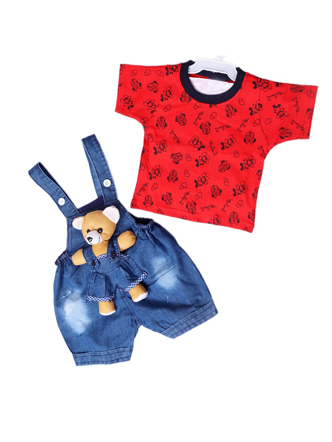 

BAESD Kids Printed Denim Pure Cotton T-shirt with Minnie Mouse Printed Dungarees, Red