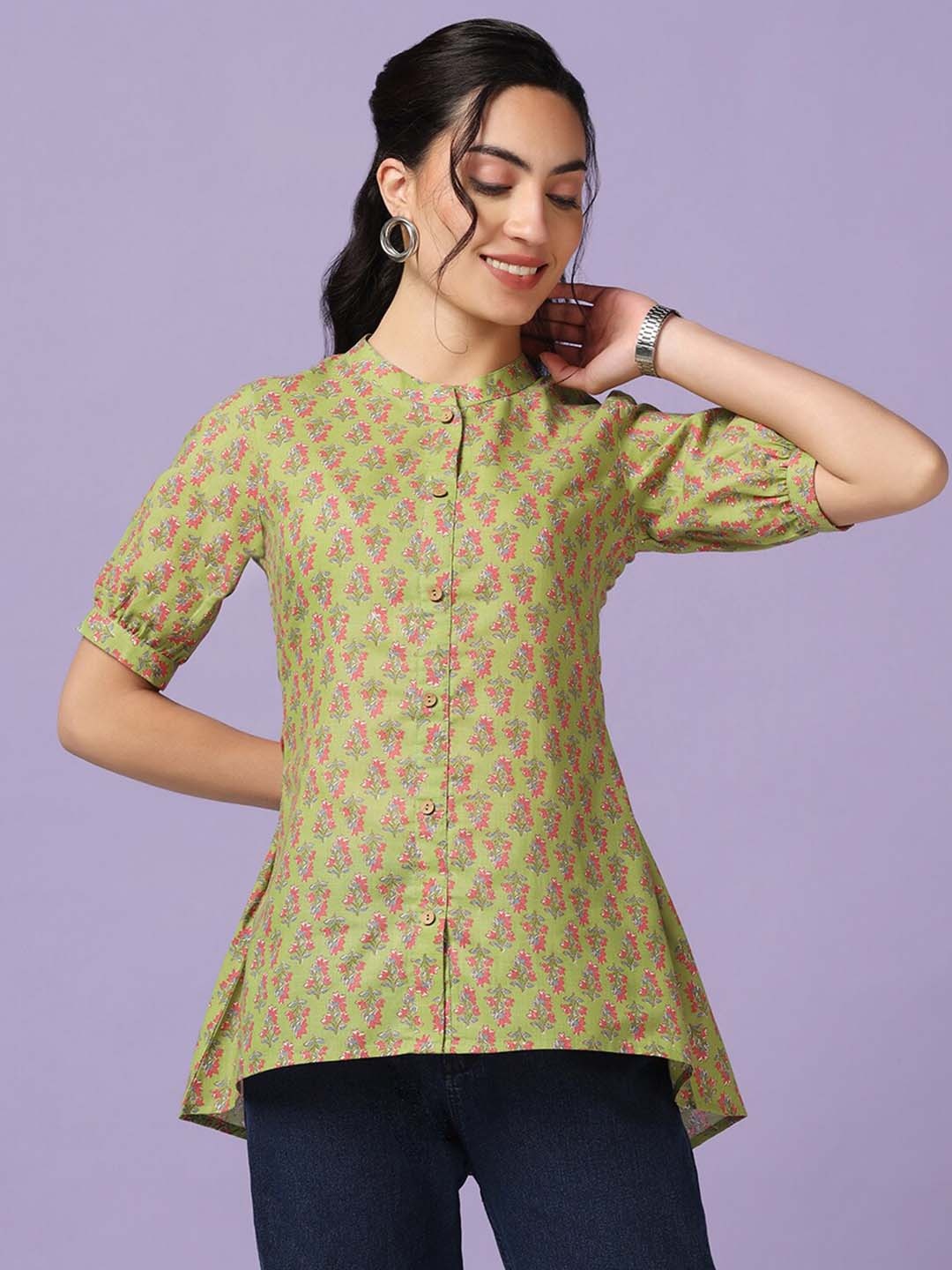 

FASHION DREAM Floral Print Band Collar Shirt Style Top, Green