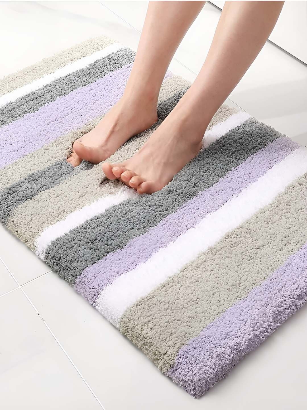 

Bajo's White & Purple Striped Pattern Anti-Skid Quick-Dry Soft Doormat