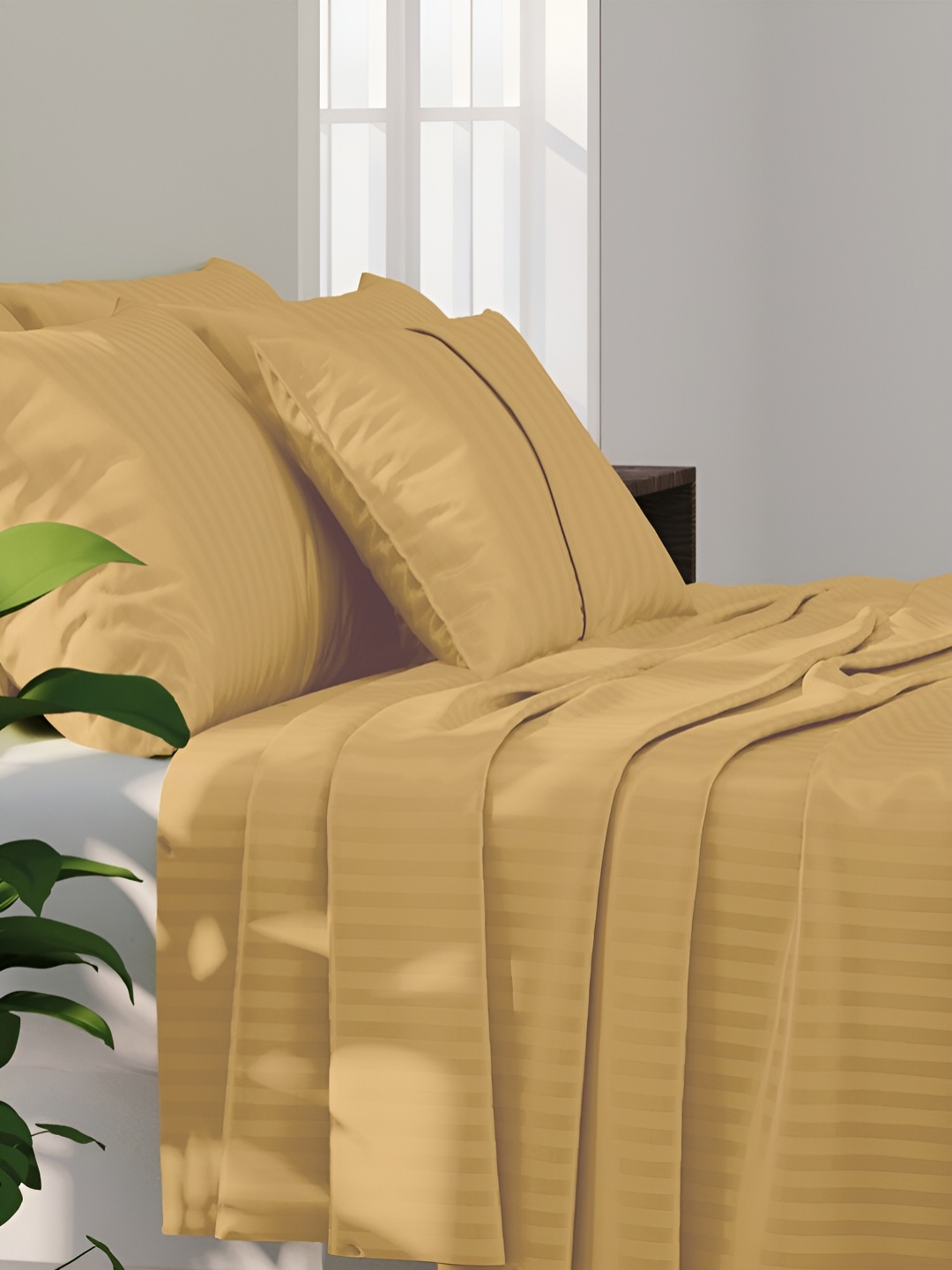 

LABHAM Yellow Striped 210 TC King Bedsheet with 2 Pillow Covers