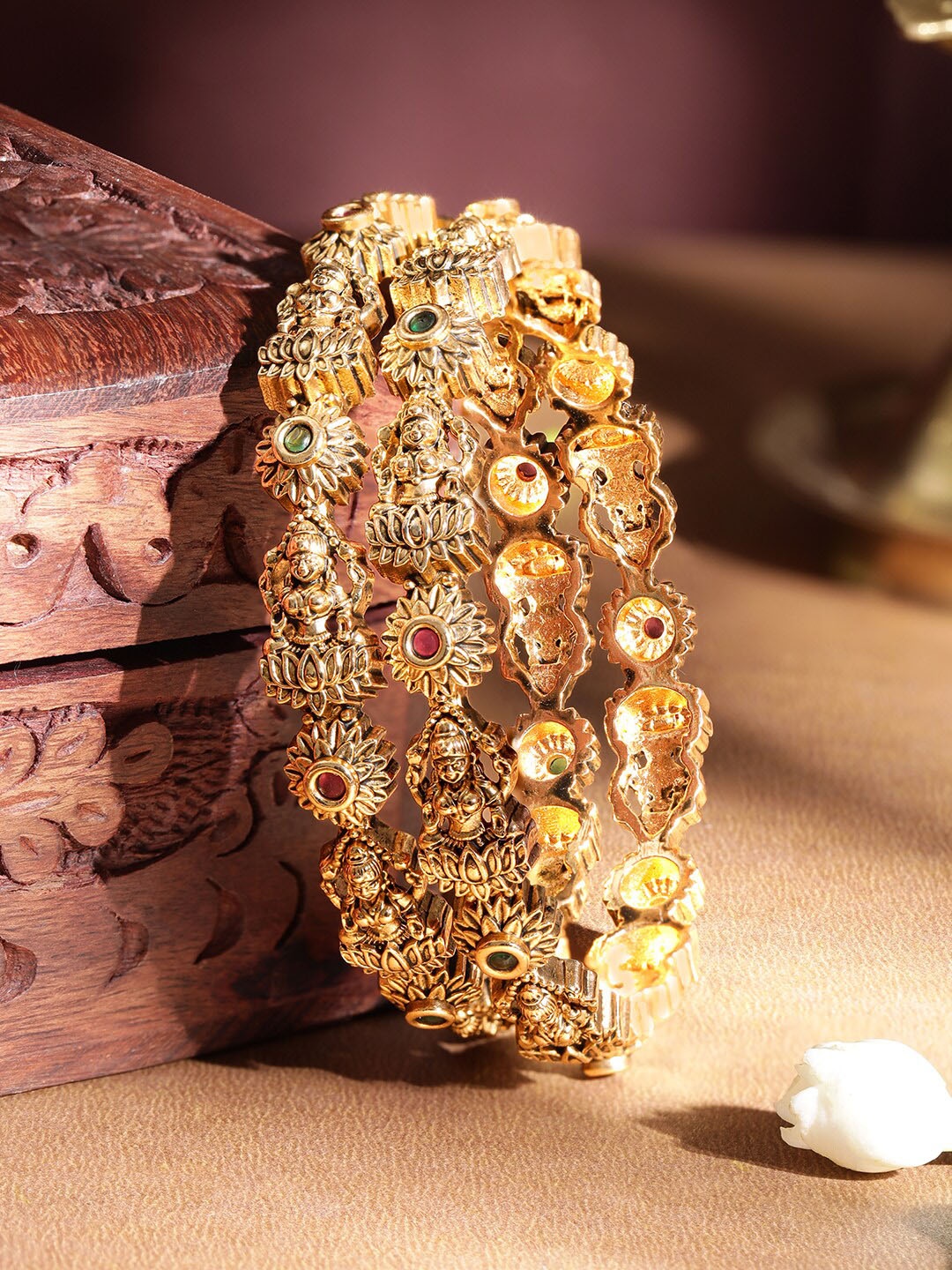 

Rubans Set of 2 22K Gold Plated Ruby, Emerald Crystals Studded & Laxmi Design Temple Bangle
