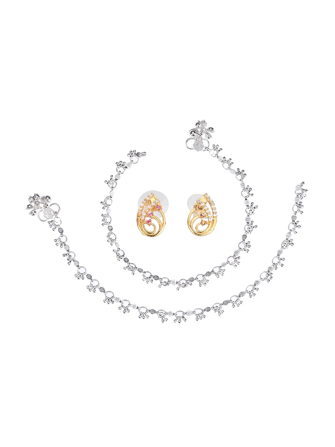 

AanyaCentric Set Of 2 Silver-Plated Anklets & Gold-Plated AD-Studded Earrings Set