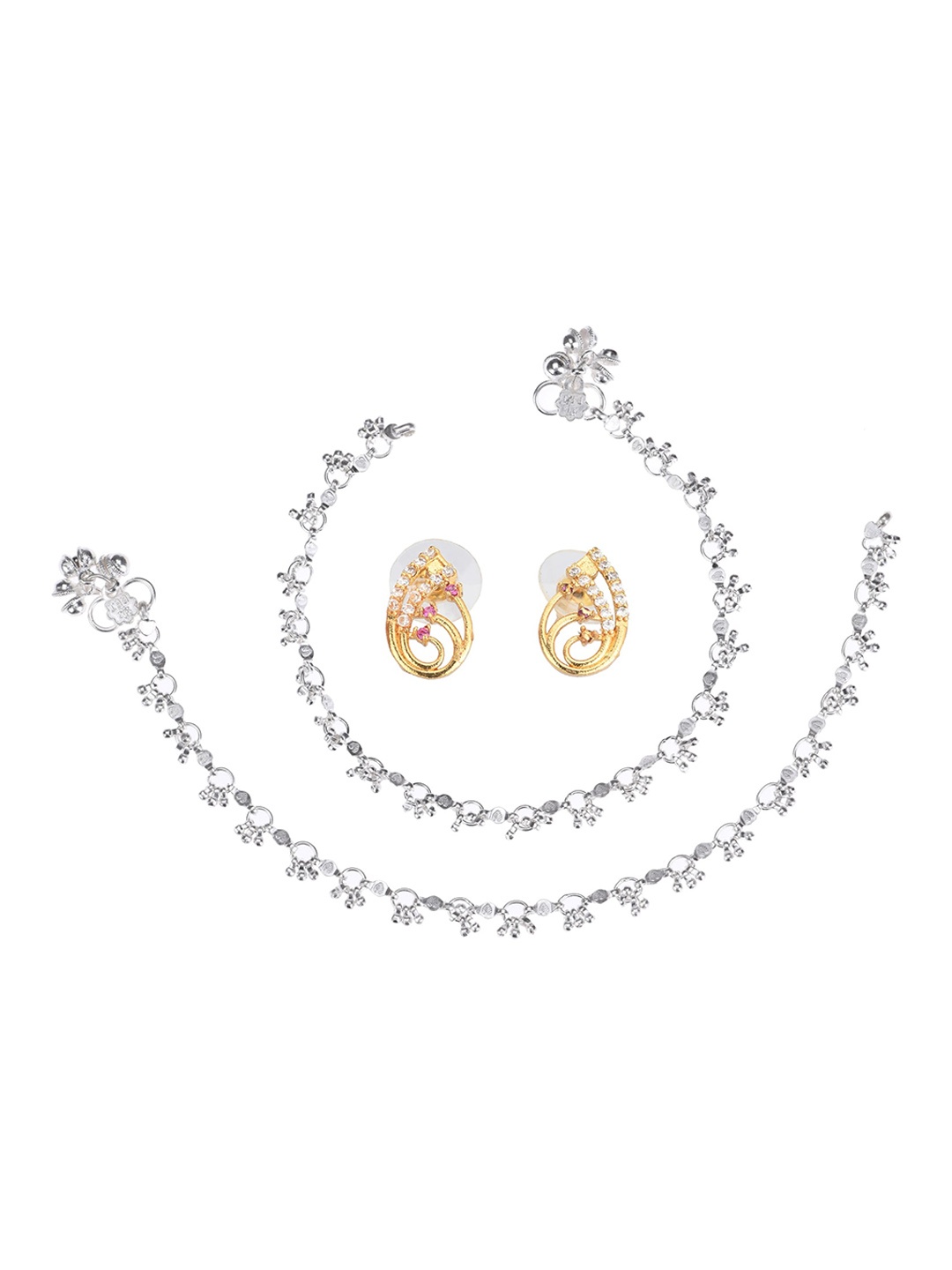 

AanyaCentric Set Of 2 Silver-Plated Anklets & Gold-Plated AD-Studded Earrings Set