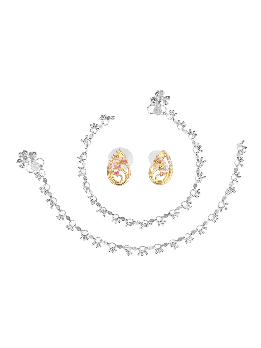 

AanyaCentric Set Of 2 Silver-Plated Anklets & Gold-Plated AD-Studded Earrings Set