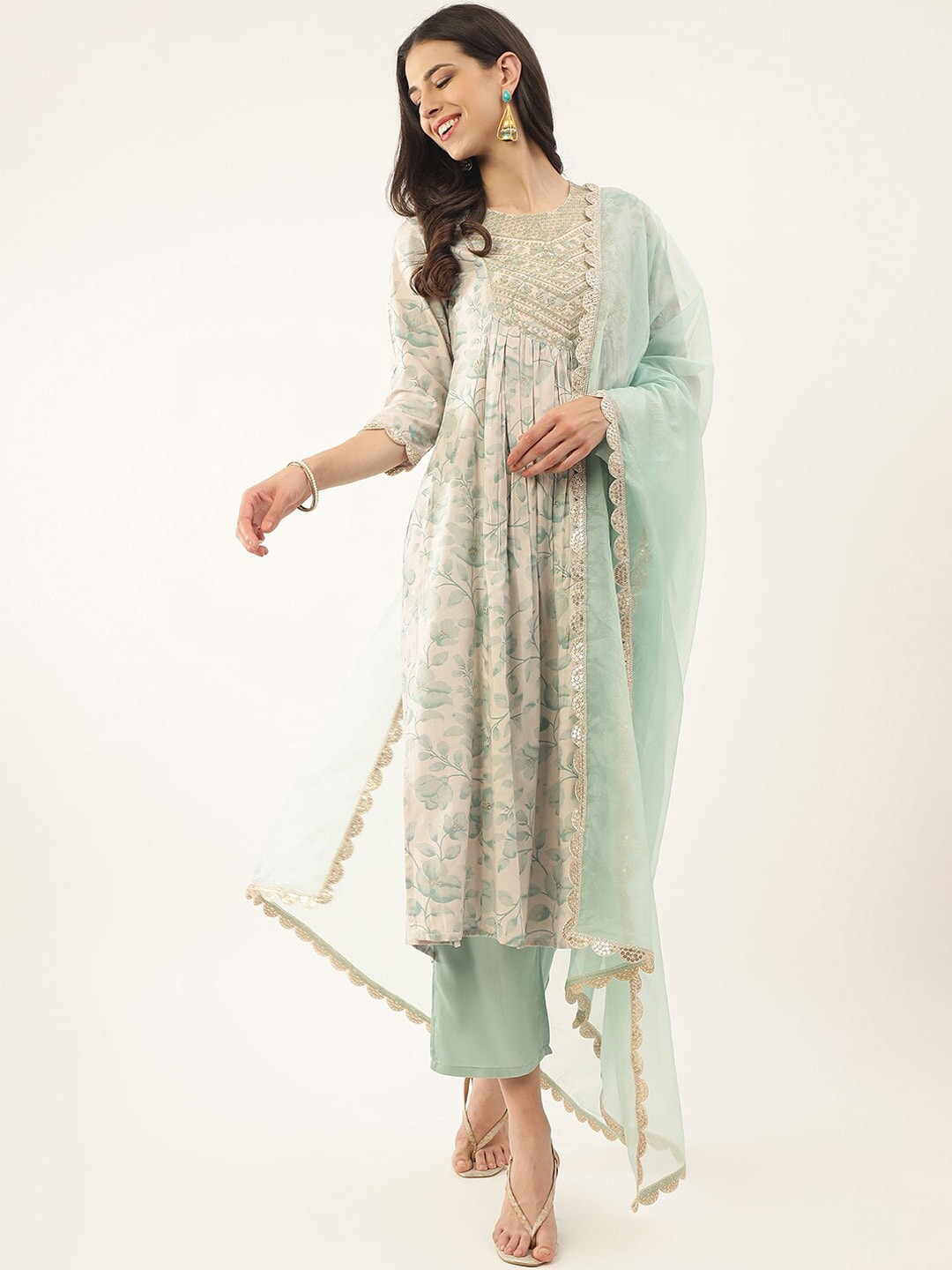 

Growdamy Women Floral Printed Regular Thread Work Kurta with Trousers & With Dupatta, Cream