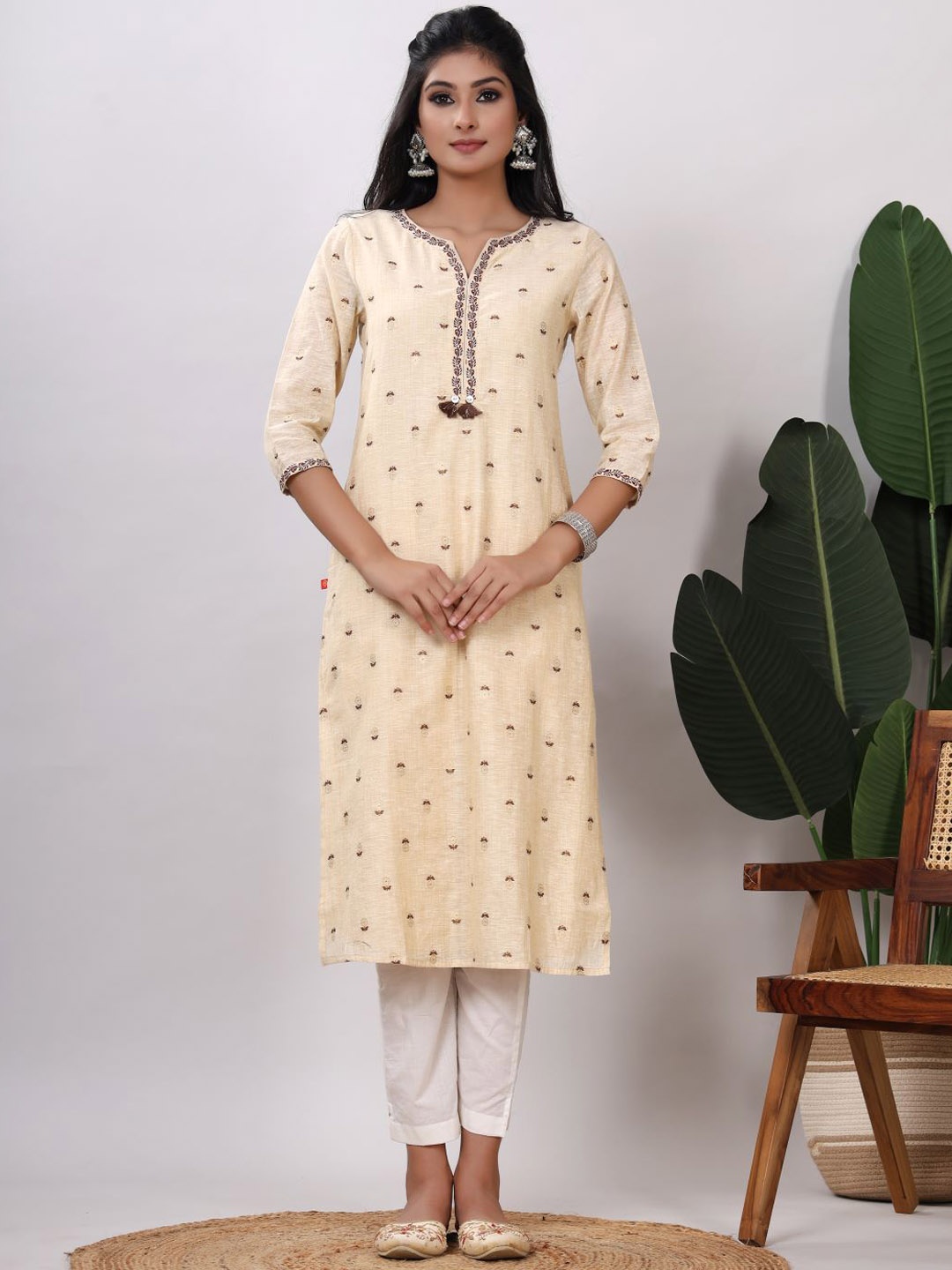 

Chandbaali Ethnic Motifs Woven Design Notched Neck Straight Kurta, Beige