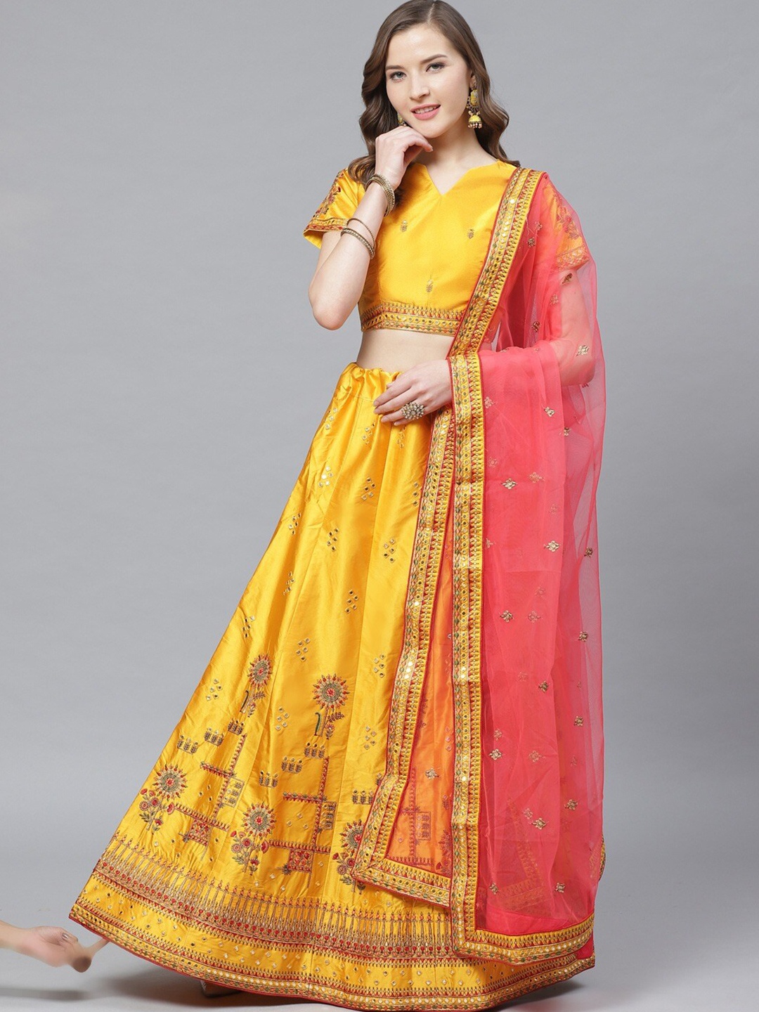 

KALINI Embroidered Thread Work Semi-Stitched Lehenga & Blouse With Dupatta, Mustard