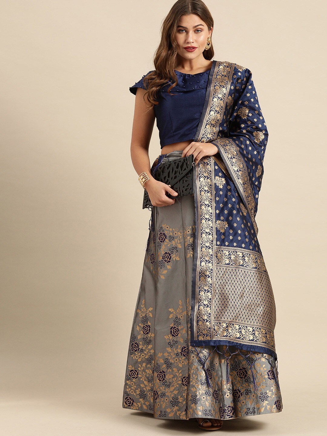 

KALINI Semi-Stitched Lehenga & Blouse With Dupatta, Grey