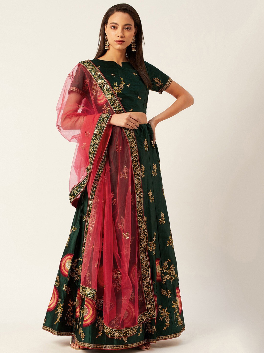 

KALINI Embroidered Thread Work Semi-Stitched Lehenga & Blouse With Dupatta, Green