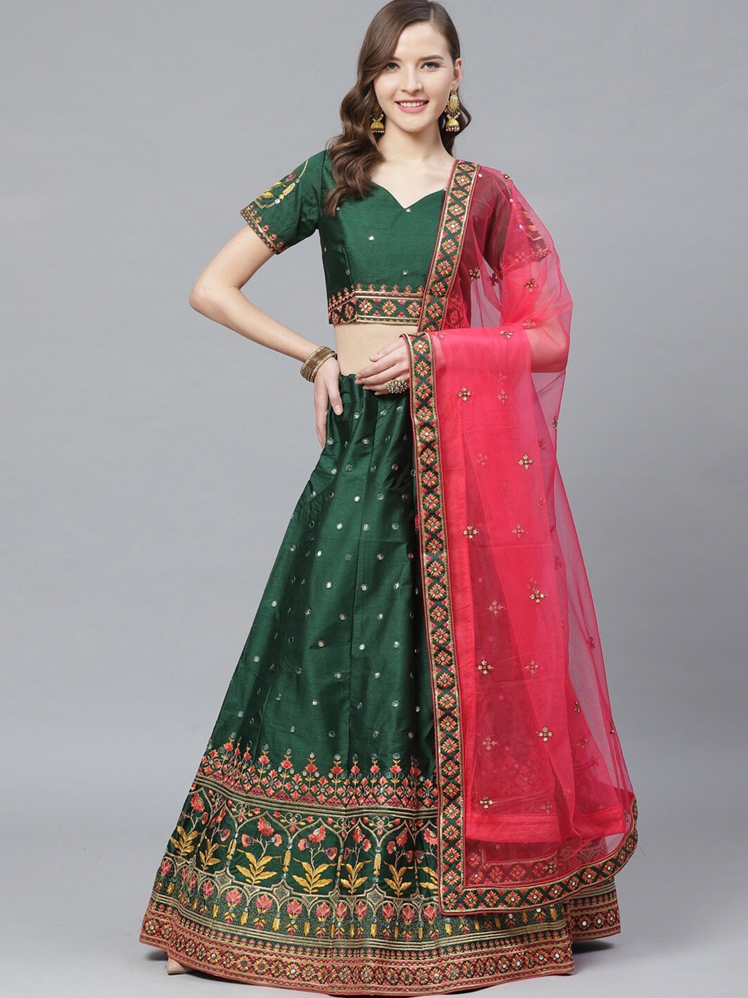 

KALINI Embroidered Thread Work Semi-Stitched Lehenga & Blouse With Dupatta, Green
