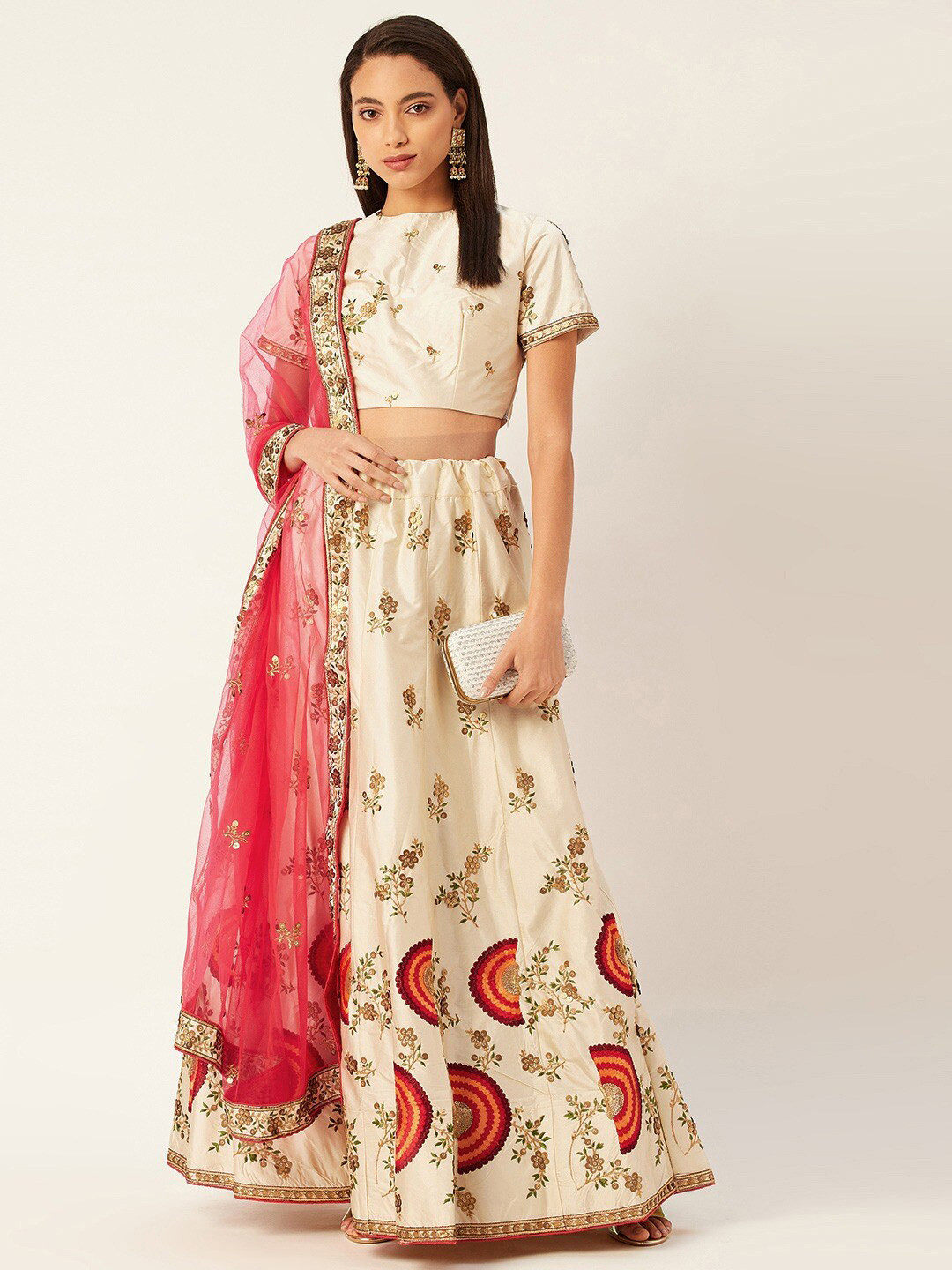 

KALINI Embroidered Thread Work Semi-Stitched Lehenga & Blouse With Dupatta, Beige