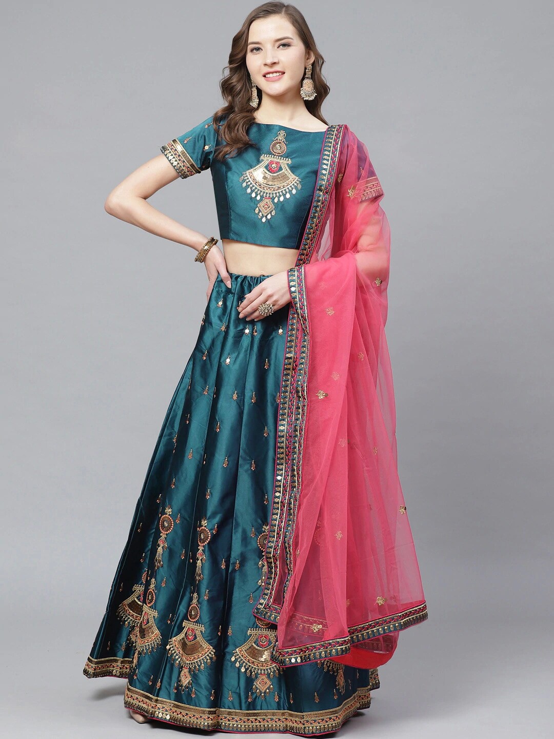 

KALINI Embroidered Thread Work Semi-Stitched Lehenga & Blouse With Dupatta, Teal