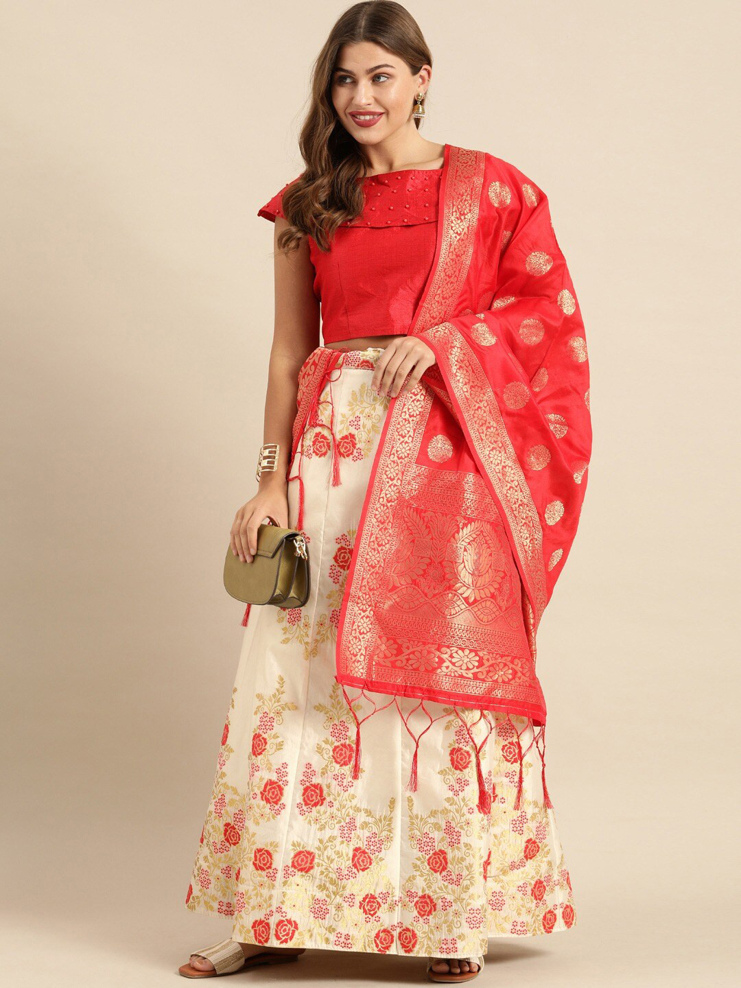 

KALINI Semi-Stitched Lehenga & Blouse With Dupatta, Cream