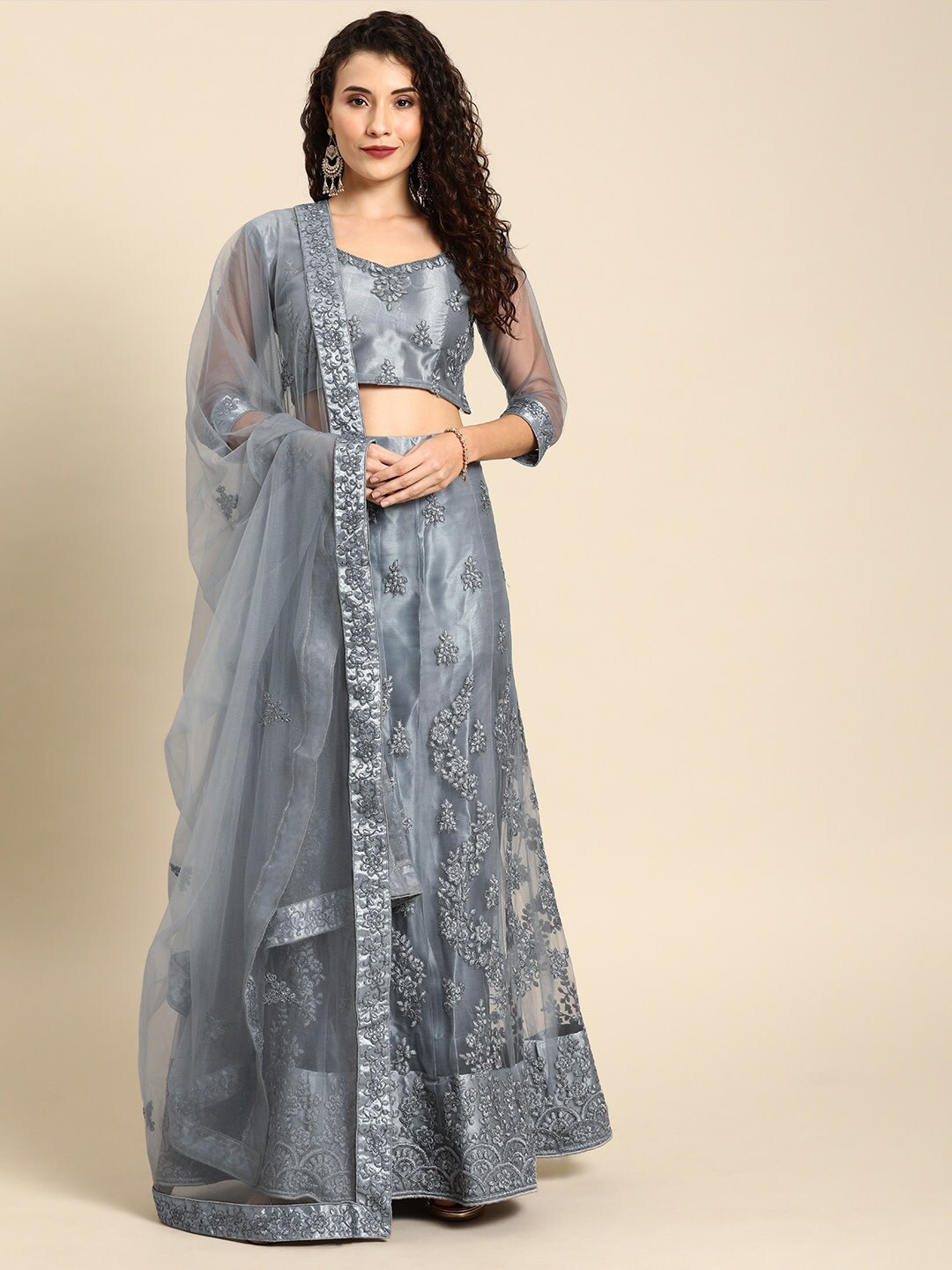 

KALINI Embroidered Semi-Stitched Lehenga & Blouse With Dupatta, Grey