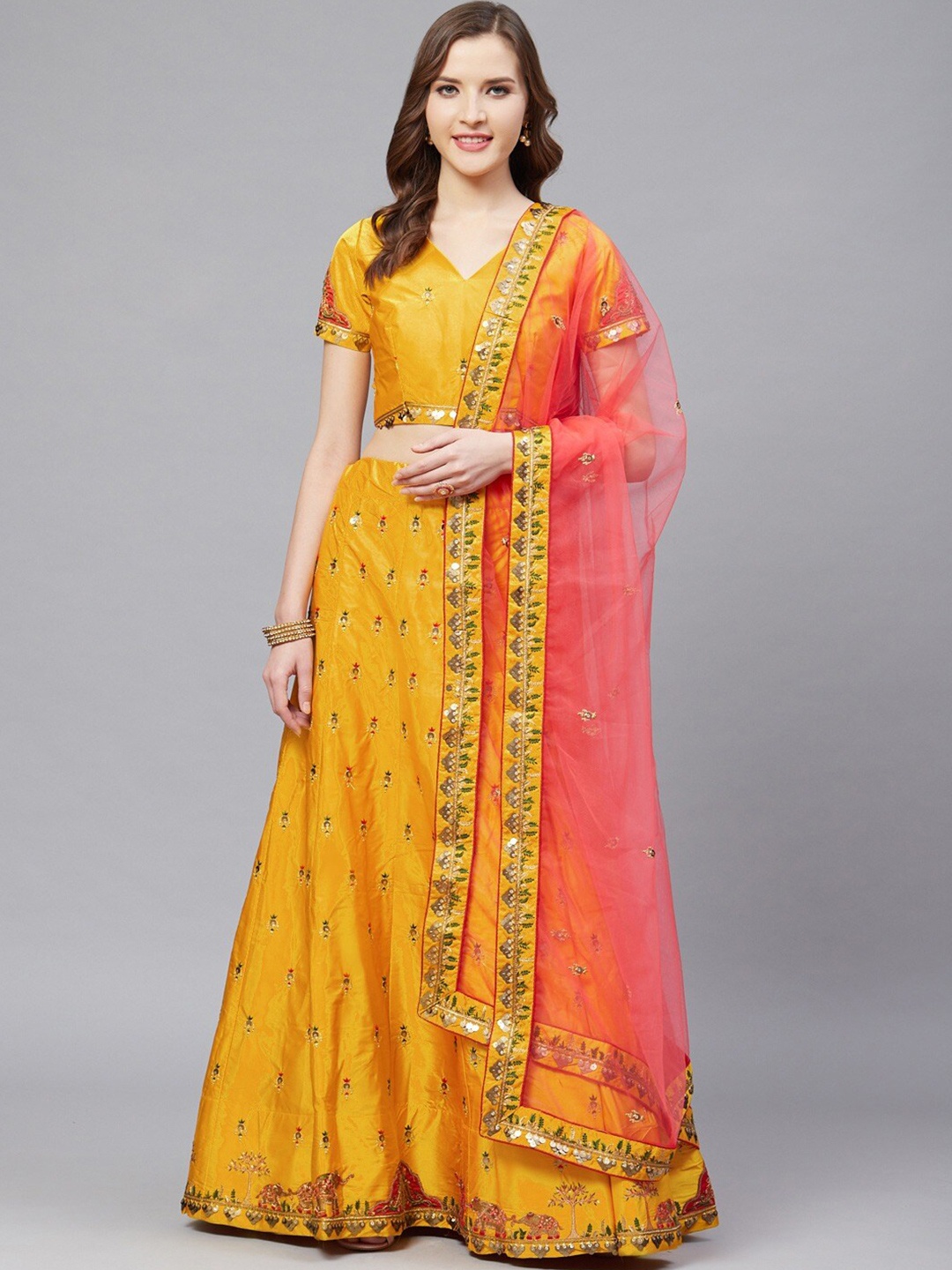 

KALINI Embroidered Thread Work Semi-Stitched Lehenga & Blouse With Dupatta, Mustard