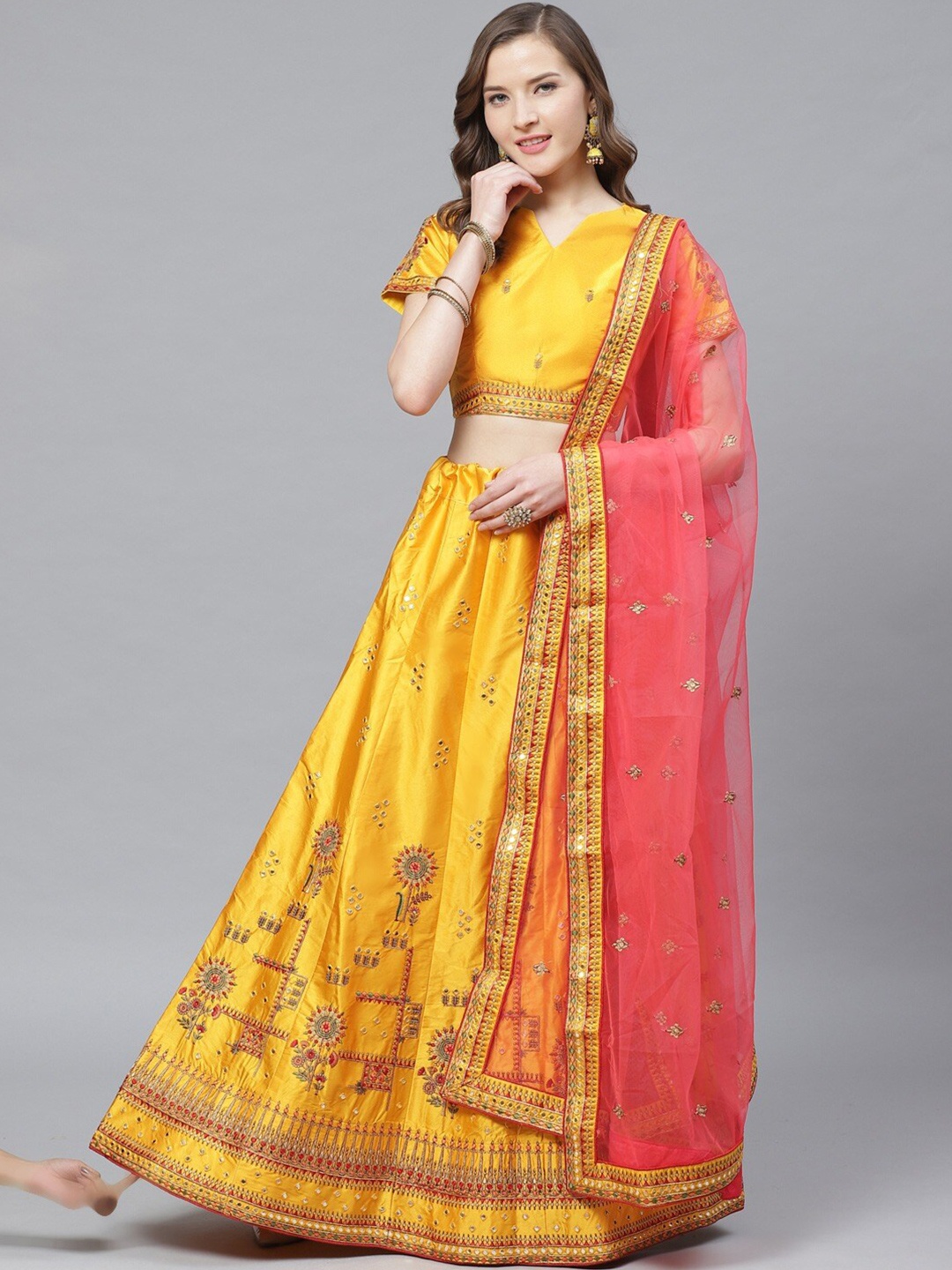 

Shaily Embroidered Thread Work Semi-Stitched Lehenga & Blouse With Dupatta, Mustard