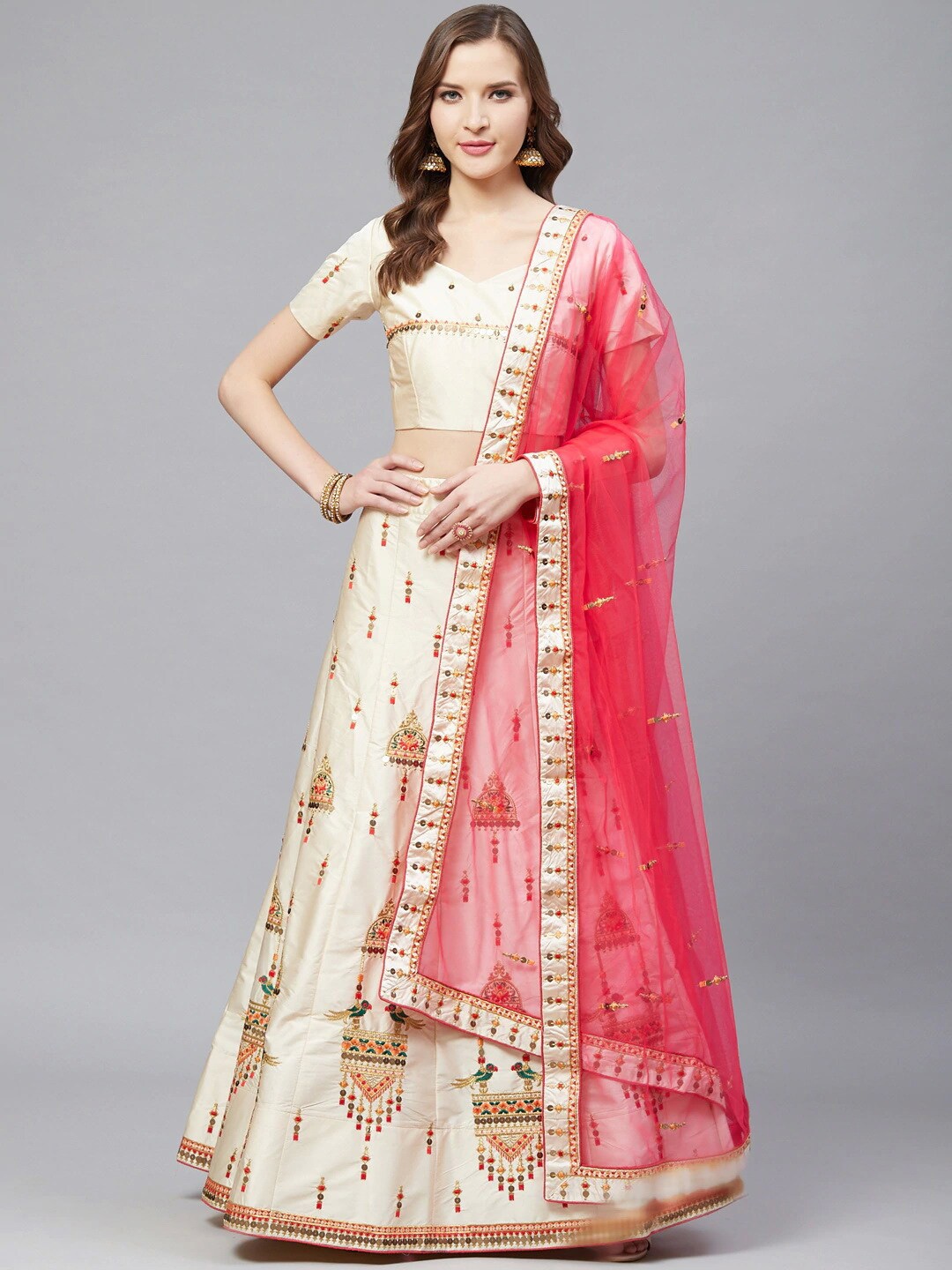 

Shaily Embroidered Thread Work Semi-Stitched Lehenga & Blouse With Dupatta, Cream