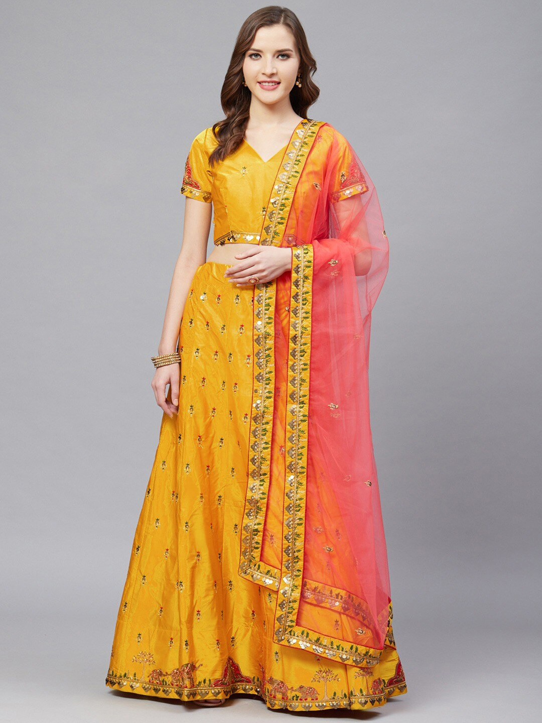 

Shaily Embroidered Thread Work Semi-Stitched Lehenga & Blouse With Dupatta, Mustard