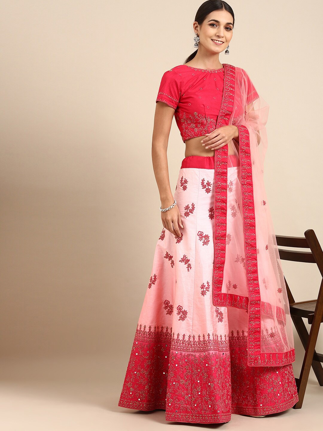

Shaily Embroidered Thread Work Semi-Stitched Lehenga & Blouse With Dupatta, Pink