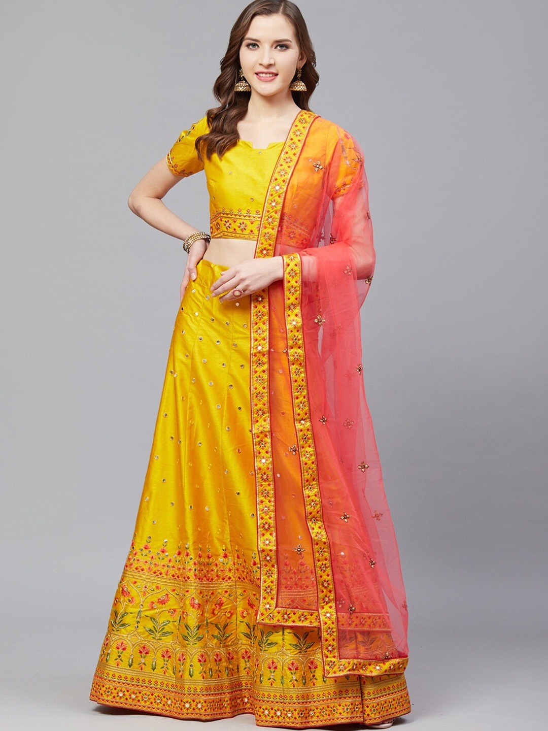 

Shaily Embroidered Thread Work Semi-Stitched Lehenga & Blouse With Dupatta, Mustard