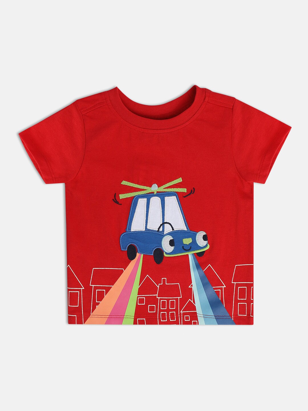 

MINI KLUB Boys Graphic Printed Applique Round Neck Pure Cotton T-shirt, Red