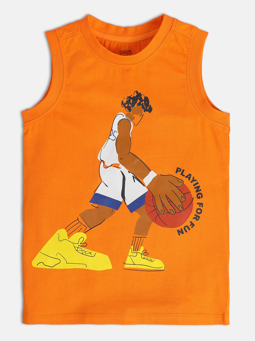 

MINI KLUB Boys Graphic Printed Sleeveless Pure Cotton T-shirt, Orange