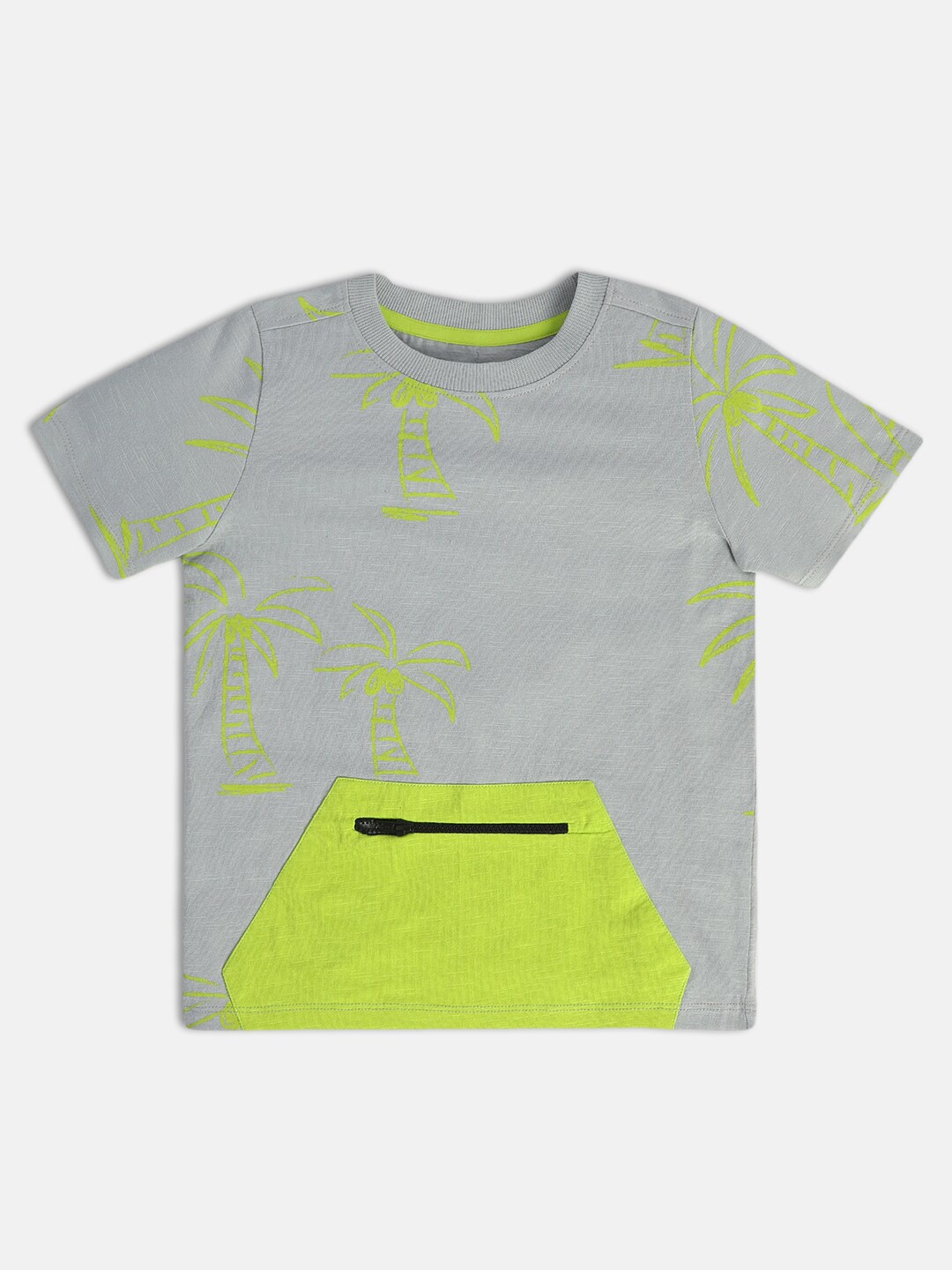 

MINI KLUB Boys Floral Printed Round Neck Cotton Pocket T-shirt, Grey