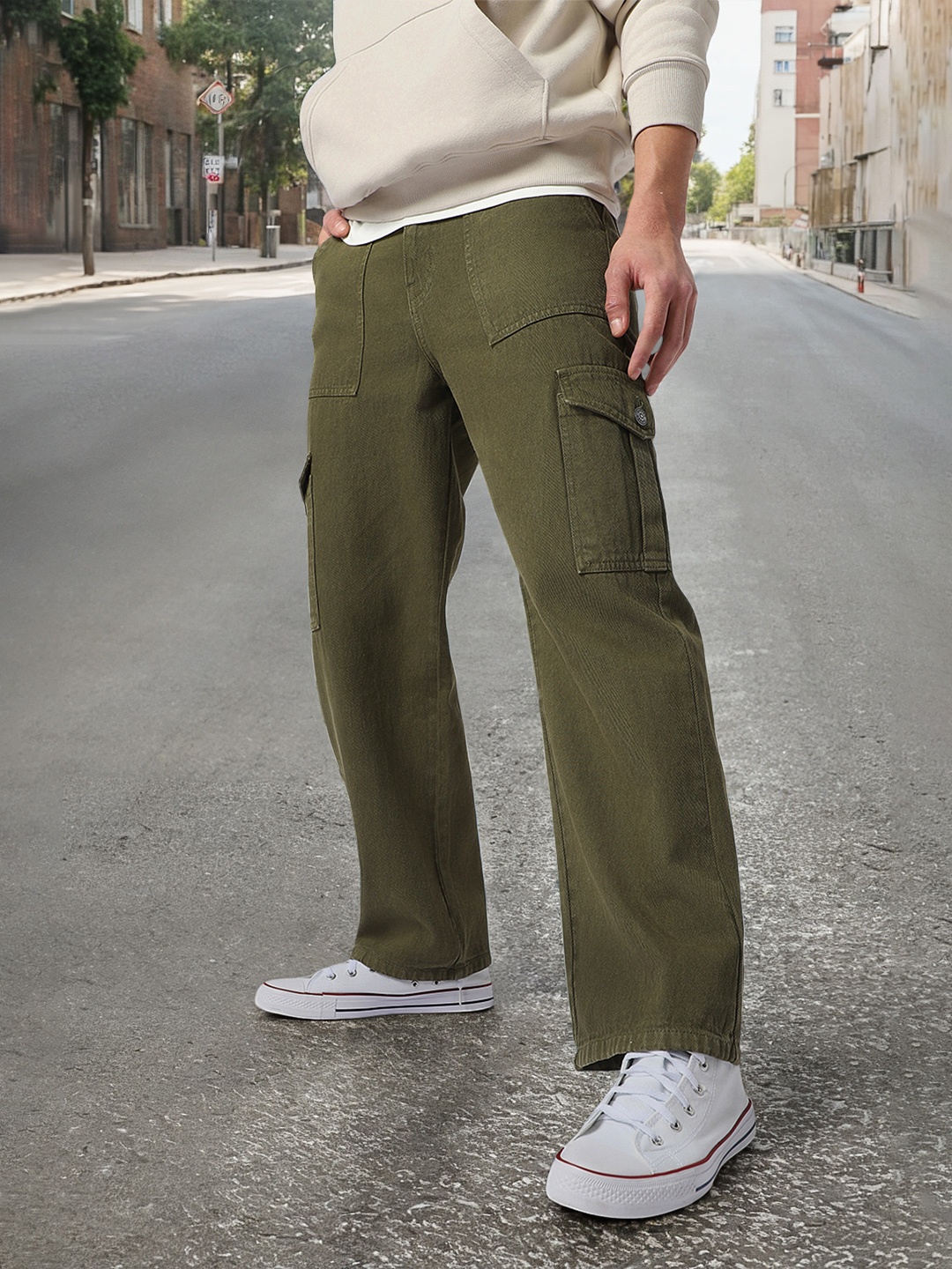 

Urbano Fashion Men Loose Fit Non-Stretchable Cargo Jeans, Green
