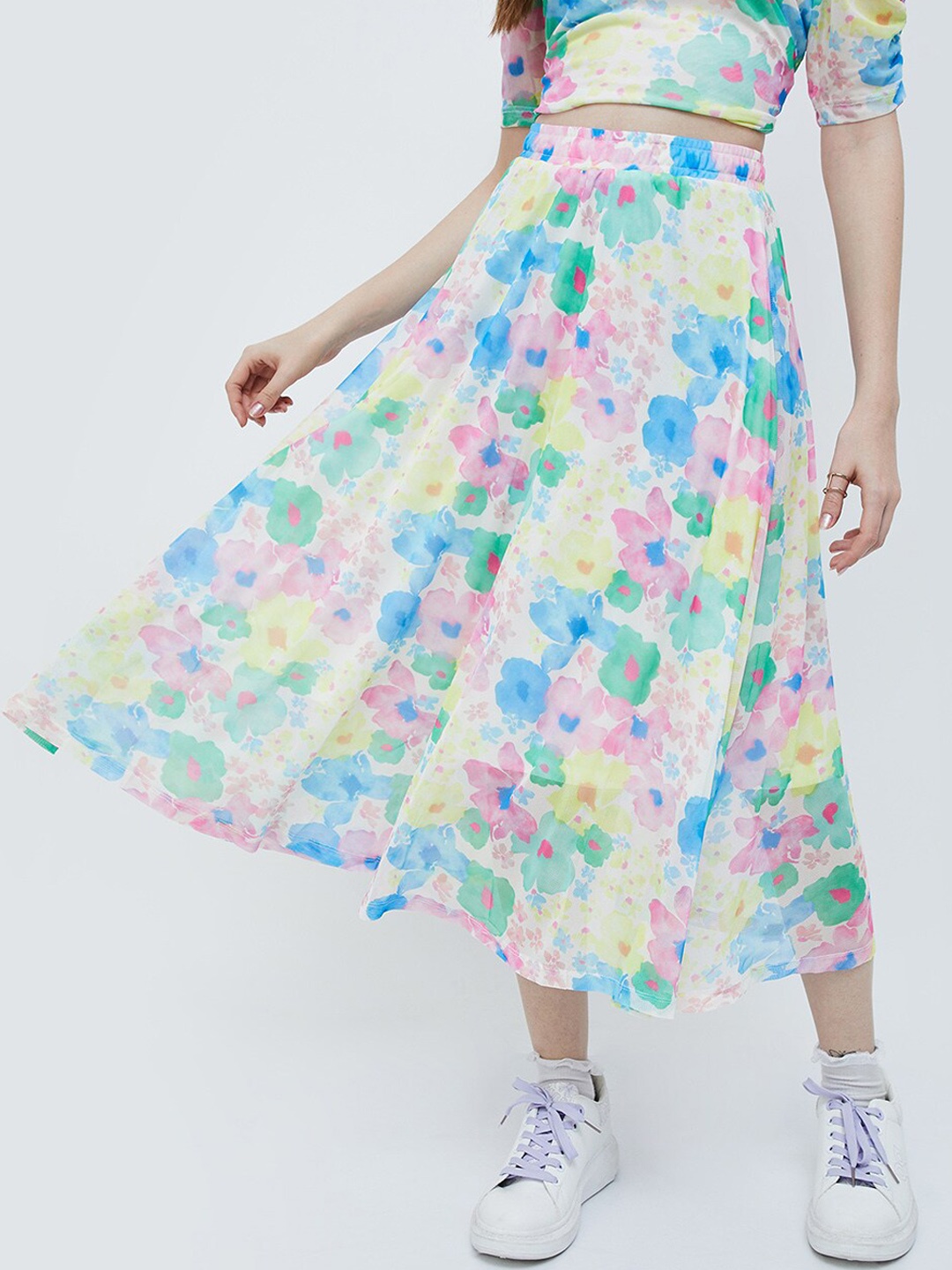 

Ginger by Lifestyle Floral Printed Midi Flared Skirt, White