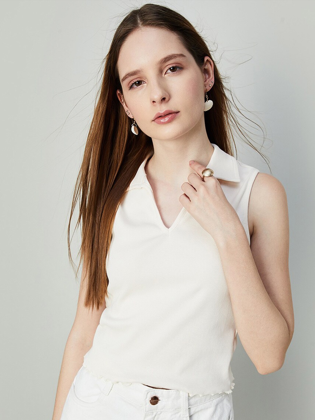 

Ginger by Lifestyle Shirt Collar Cotton Top, Cream