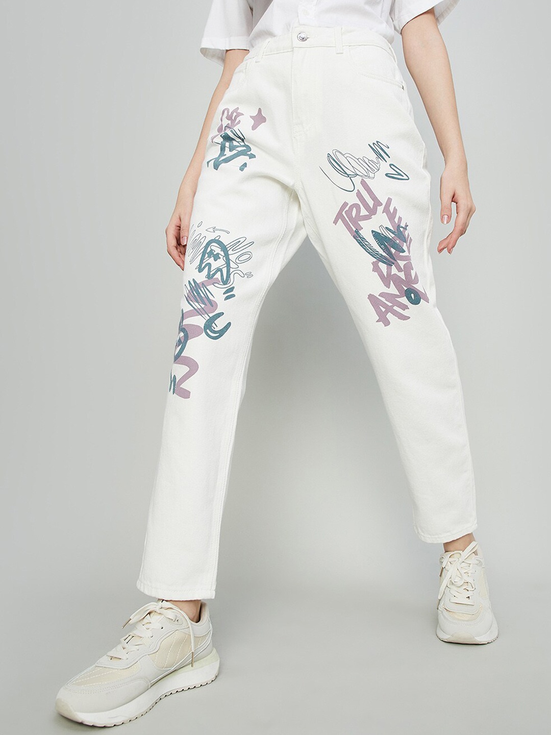 

Ginger by Lifestyle Women Mom Fit Clean Look Printed Pure Cotton Jeans, White
