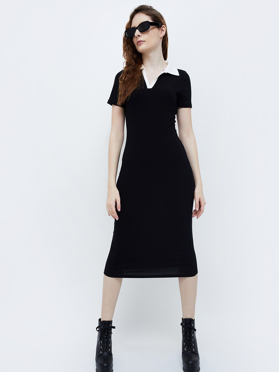 

Ginger by Lifestyle Shirt Collar Midi Sheath Dress, Black