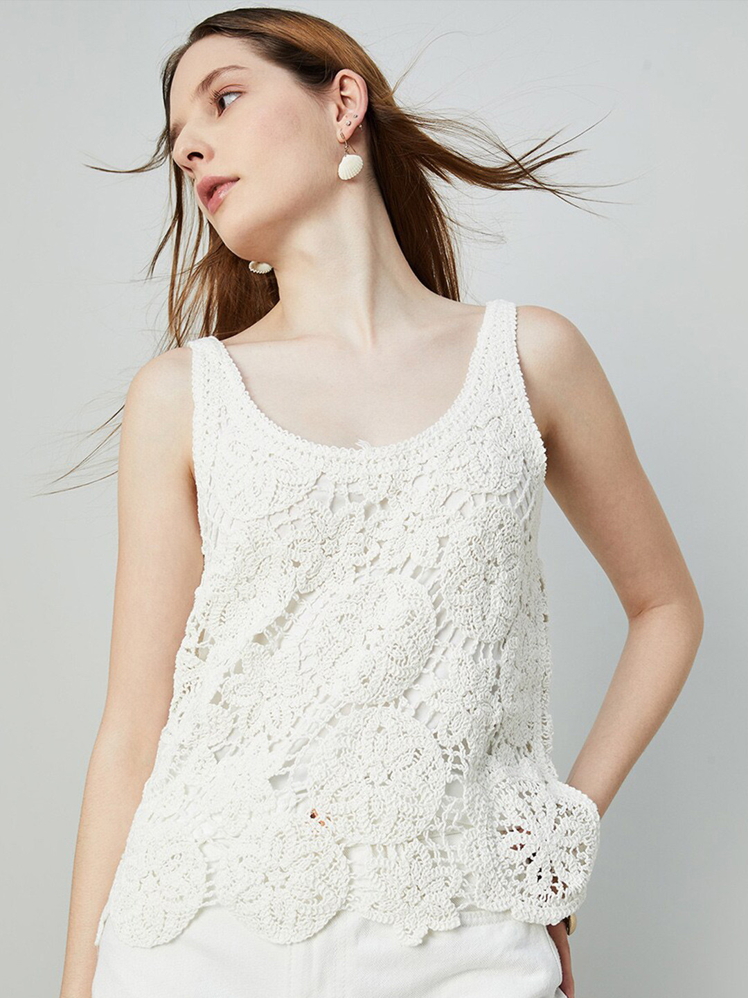

Ginger by Lifestyle Self Design Sleeveless Cotton A-Line Top, White