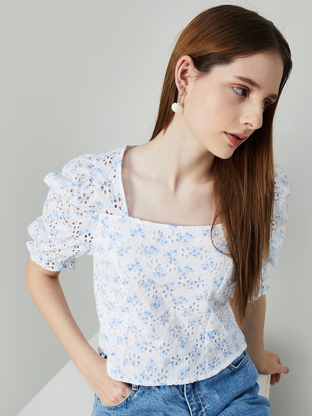 

Ginger by Lifestyle Self Design Schiffli Square Neck Puff Sleeve Cotton Top, White