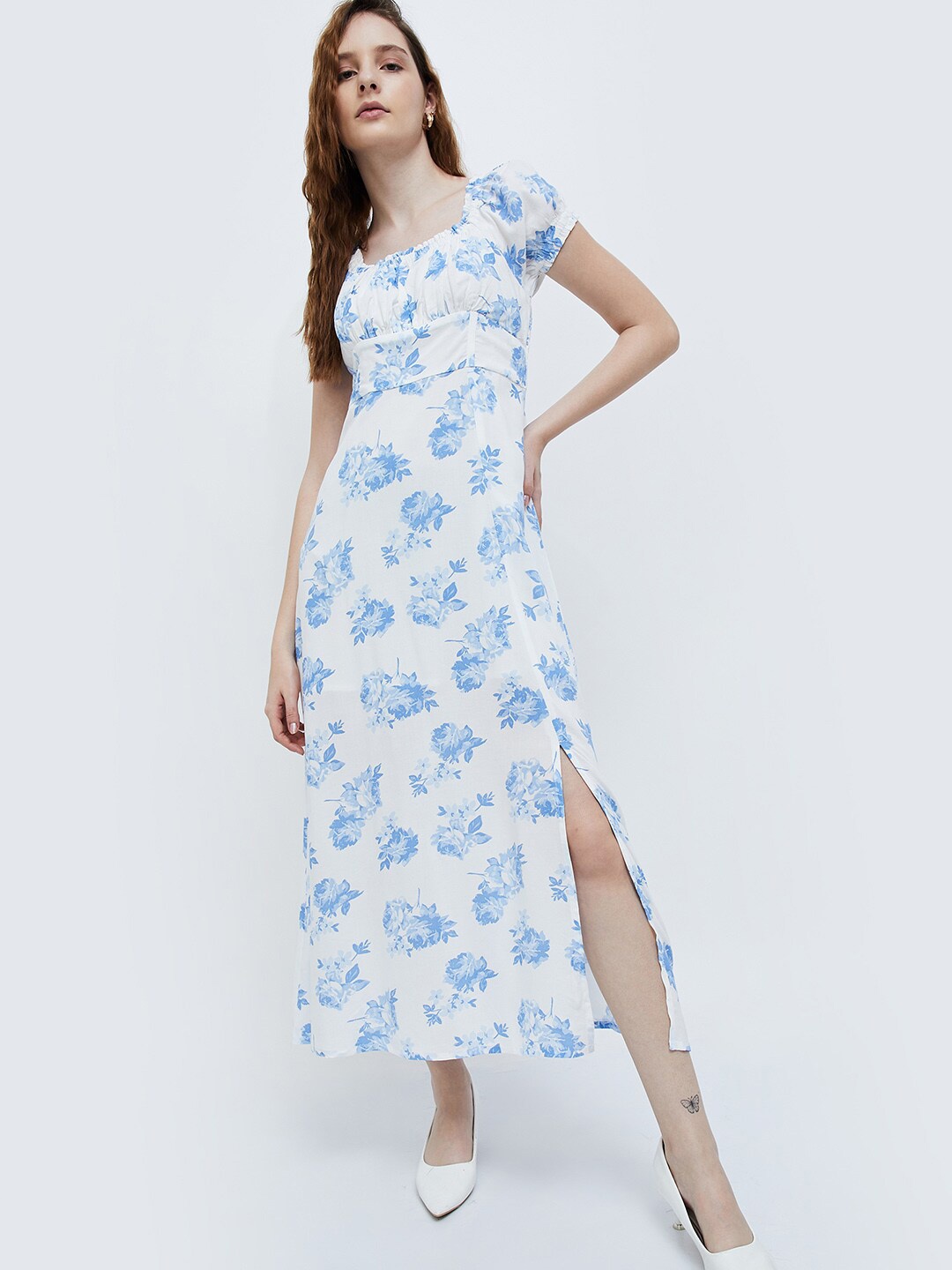 

Ginger by Lifestyle Floral Printed Square Neck Puff Sleeves Maxi Dress, White