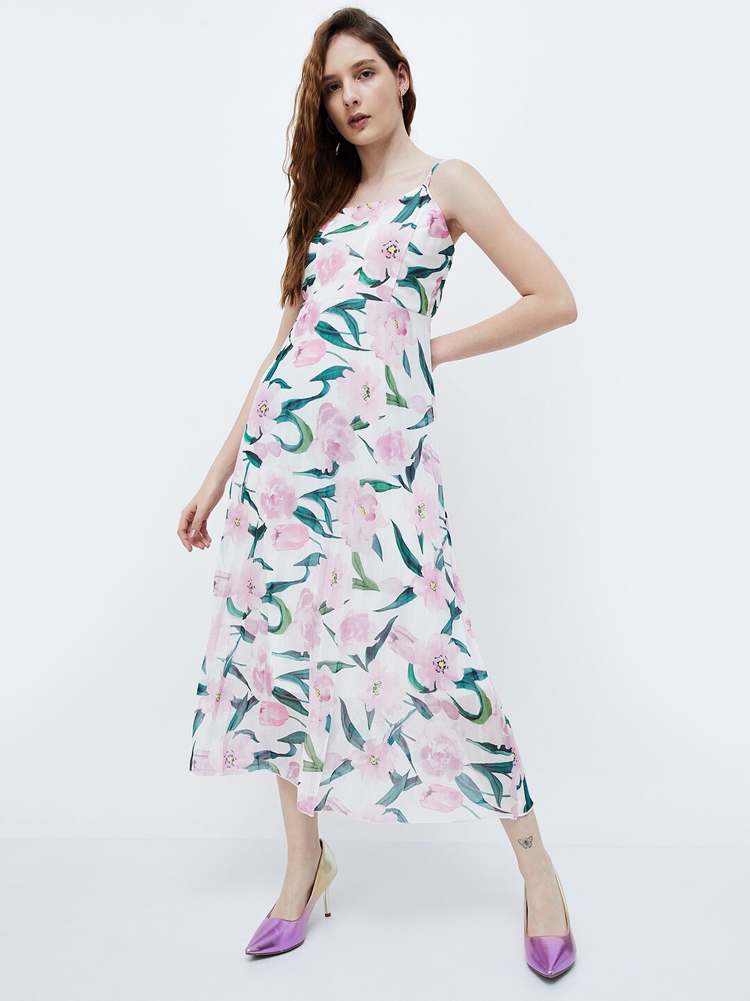 

Ginger by Lifestyle Floral Printed Shoulder Straps A-Line Midi Dress, White