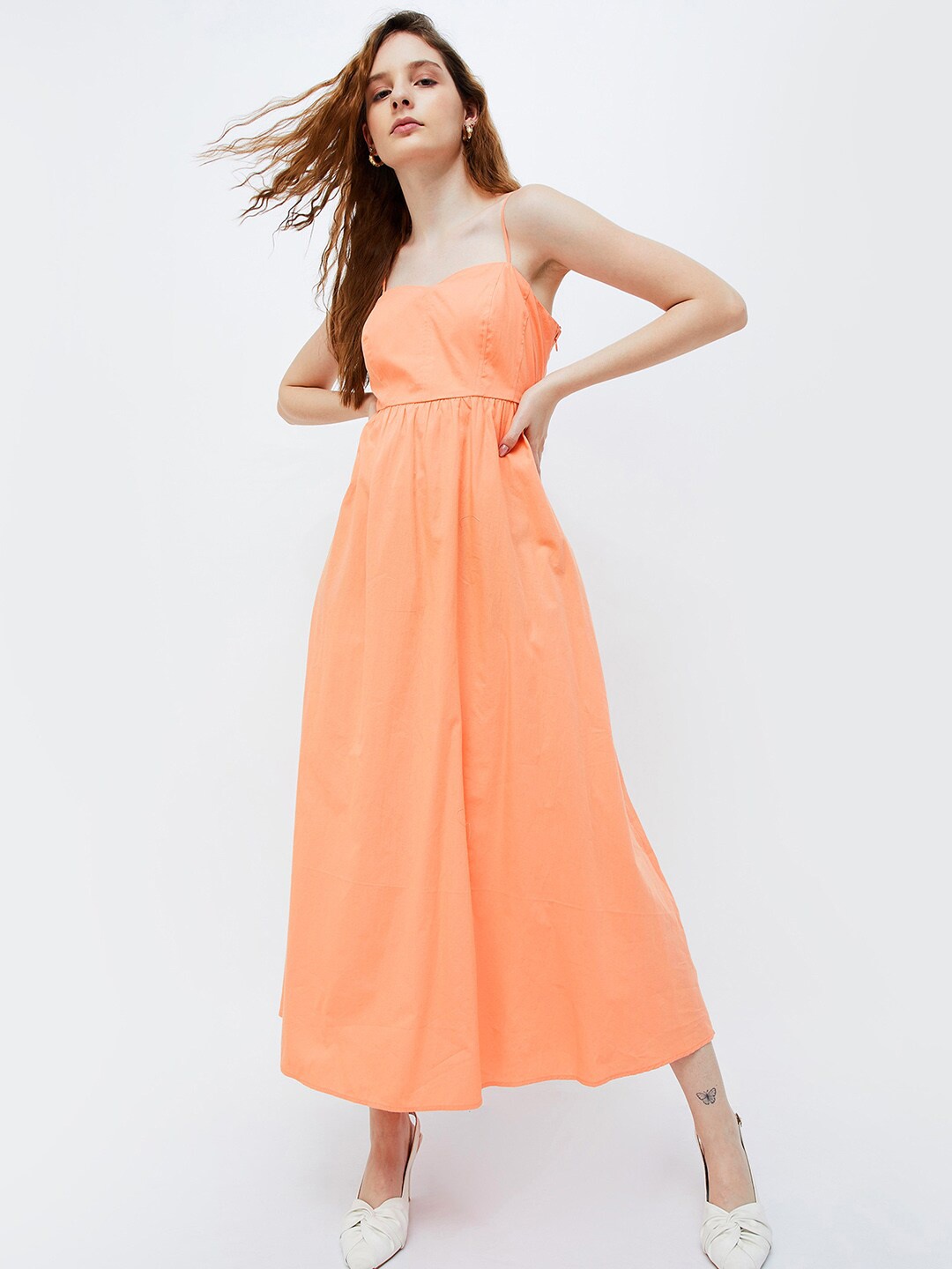 

Ginger by Lifestyle Shoulder Straps Pure Cotton Fit & Flare Midi Dress, Peach