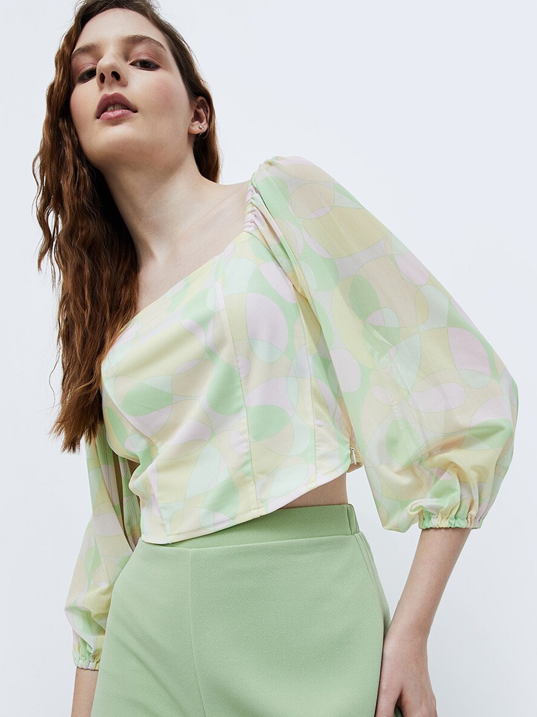 

Ginger by Lifestyle Print Square Neck Puff Sleeve Top, Green