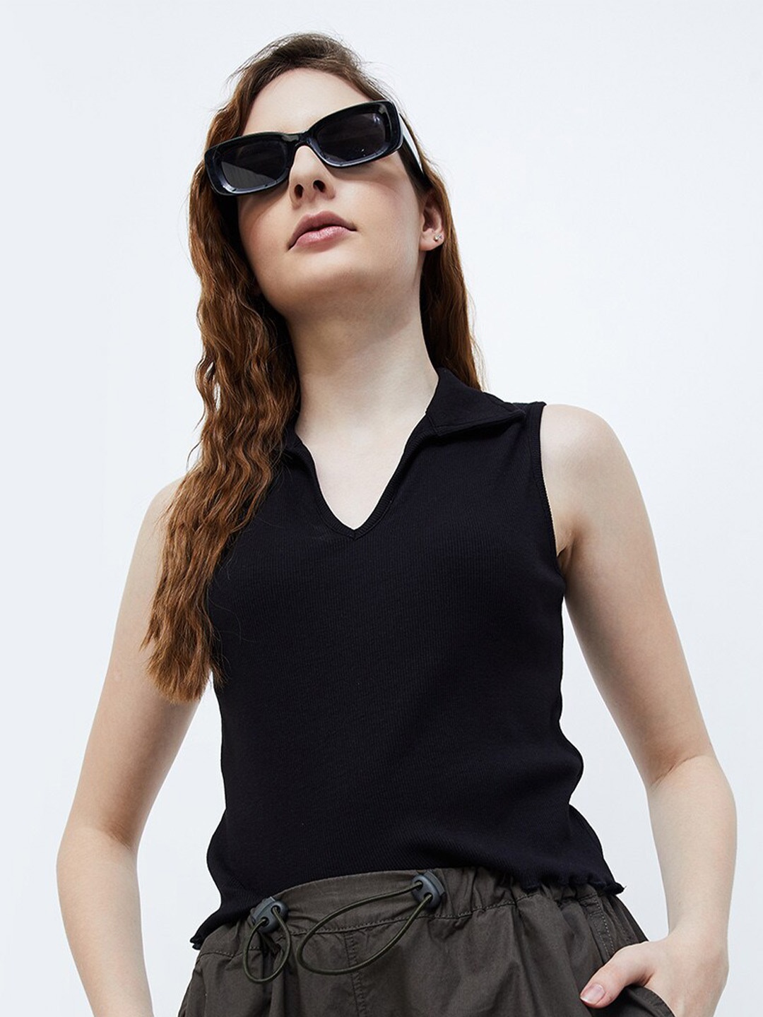 

Ginger by Lifestyle Shirt Collar Cotton Top, Black
