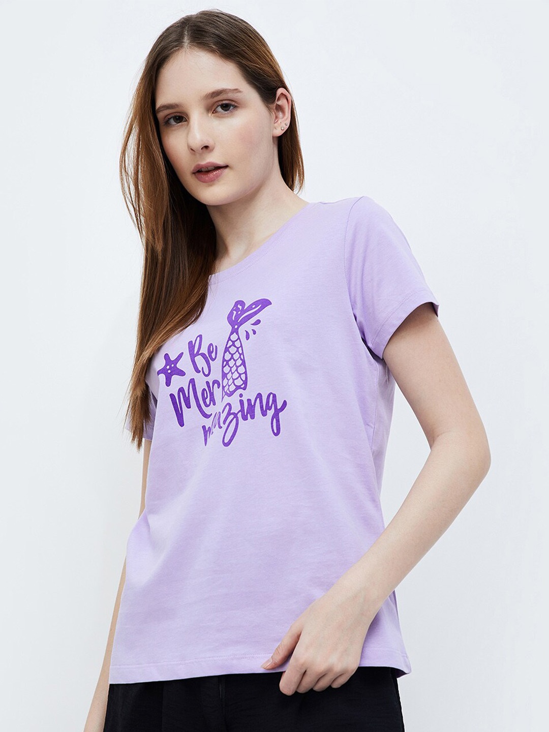 

Ginger by Lifestyle Typography Printed Cotton T-shirt, Purple