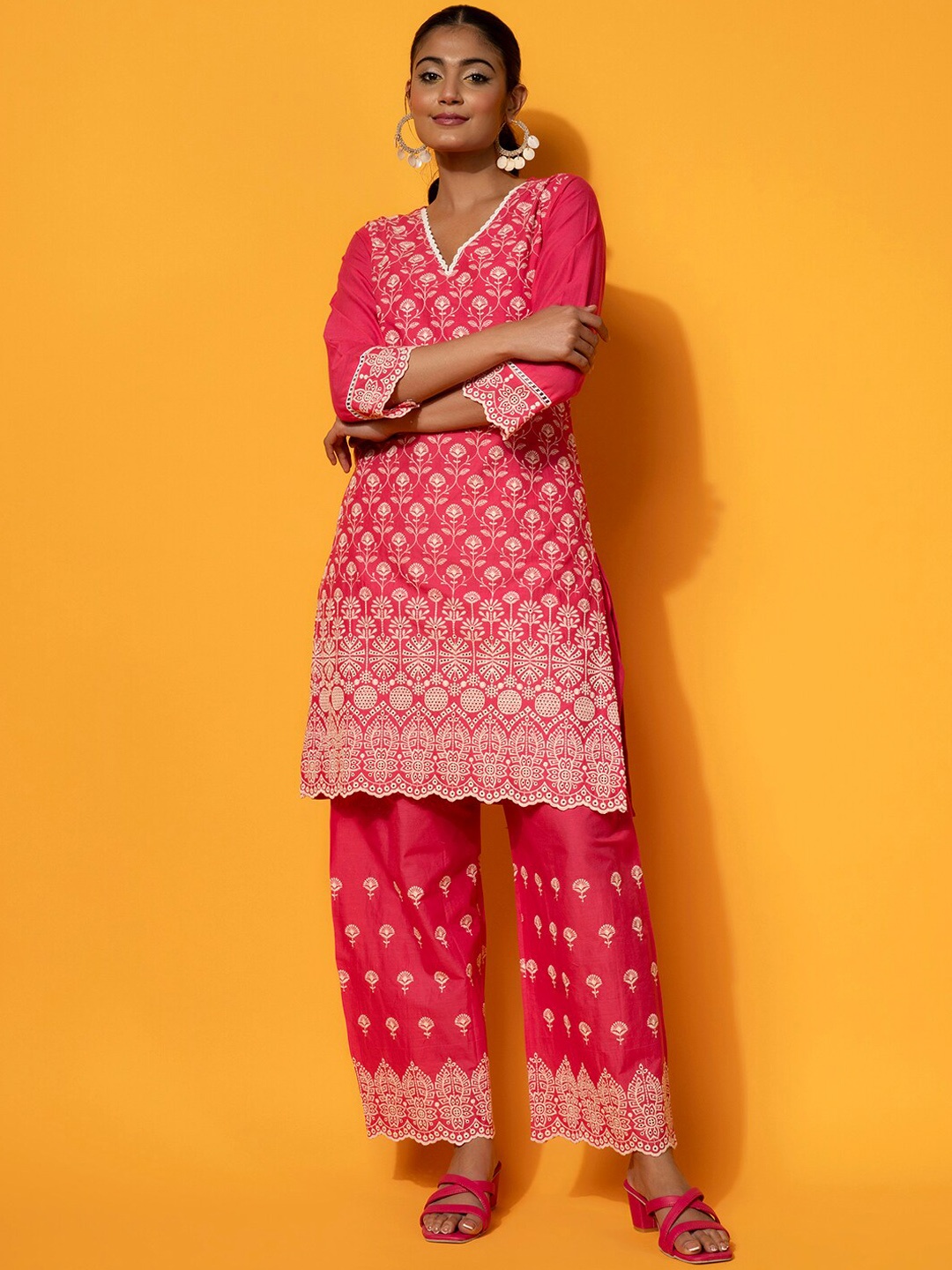 

Libas Floral Embroidered V-Neck Pure Cotton Tunic With Palazzos, Pink