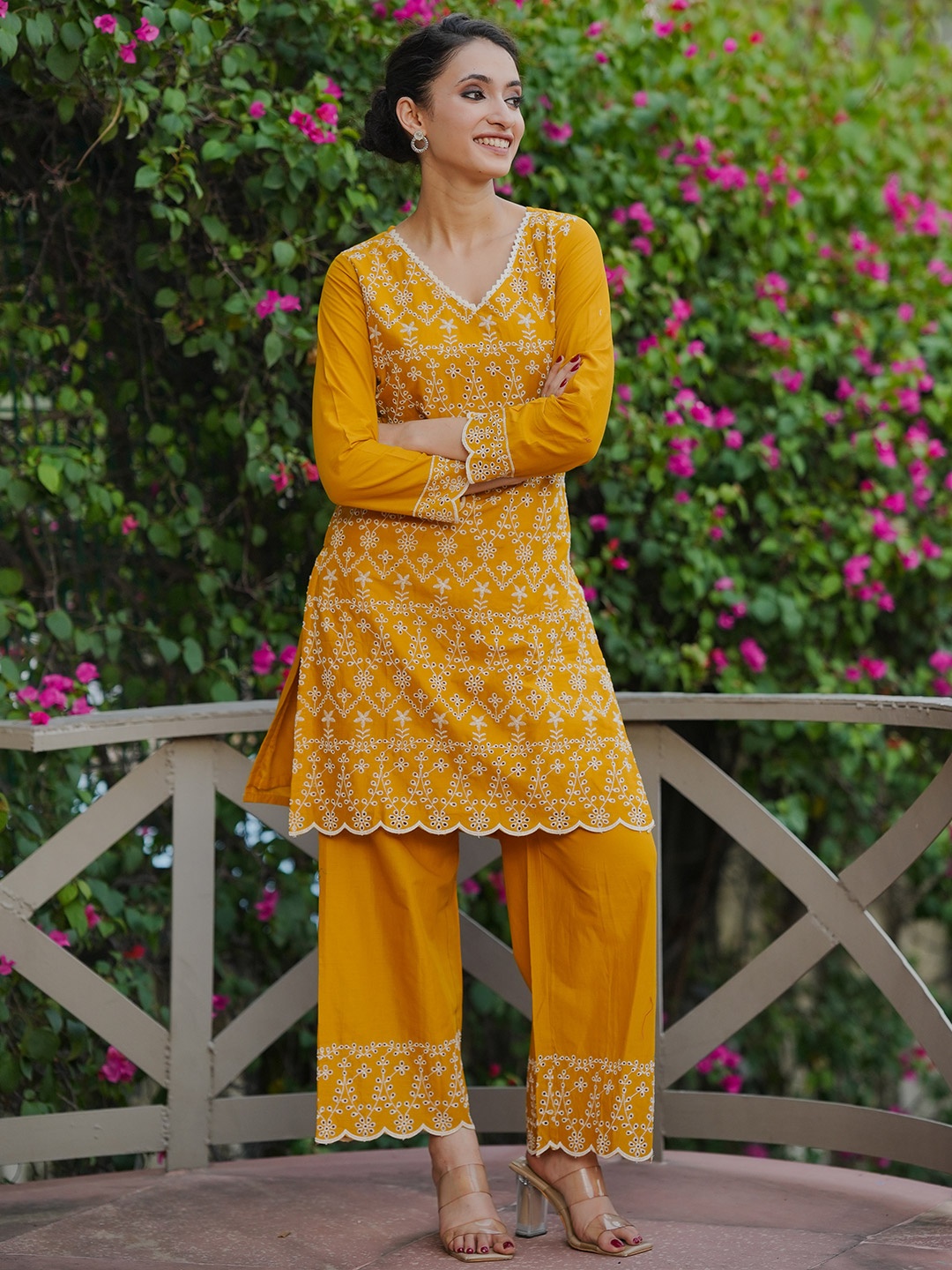 

Libas Floral Embroidered V-Neck Pure Cotton Tunic With Palazzos, Mustard